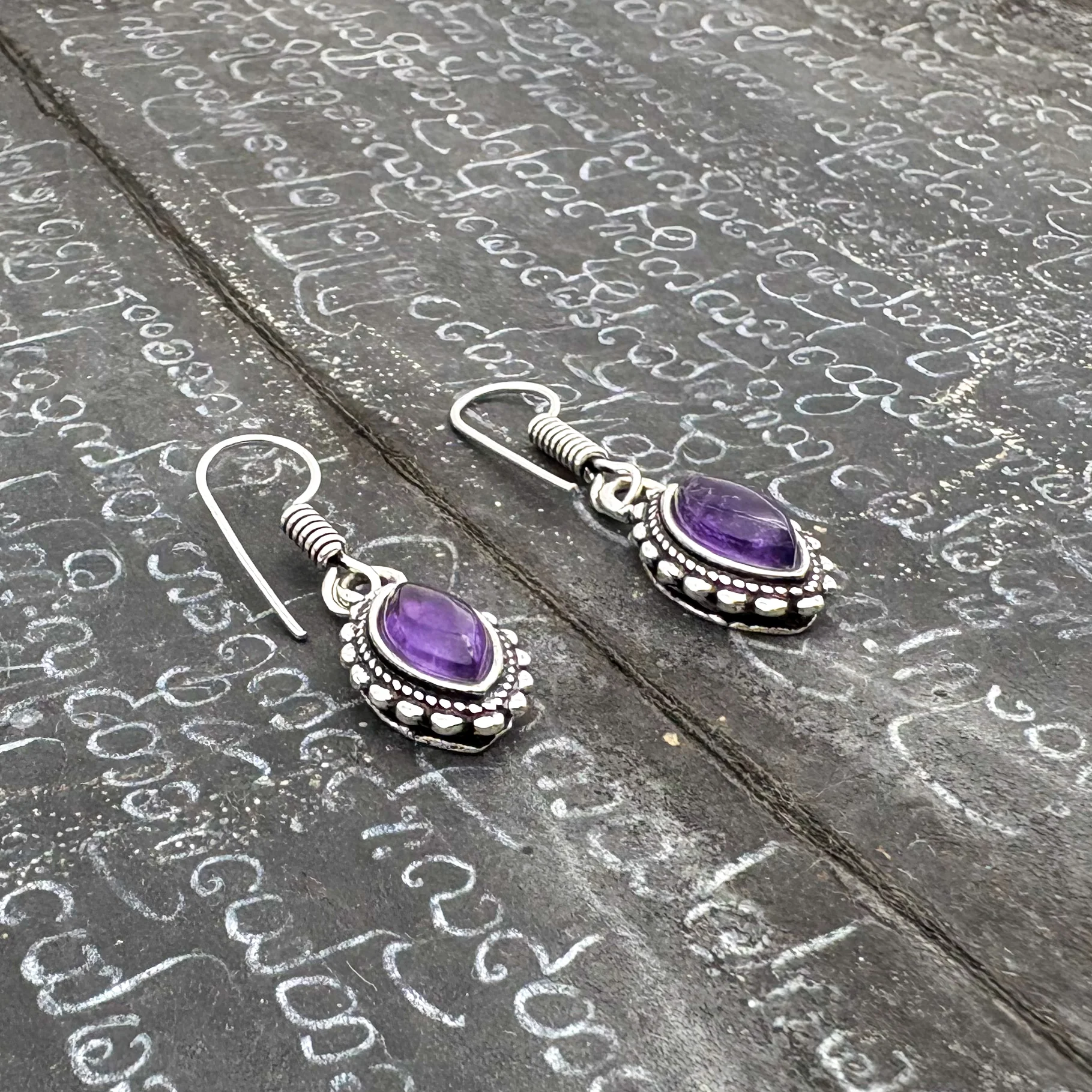 Amethyst Dotted Leaf White Brass Earrings - Image 5