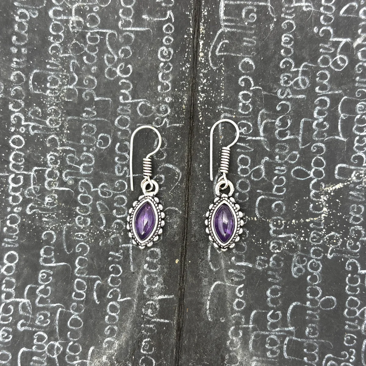 Amethyst Dotted Leaf White Brass Earrings - Image 7