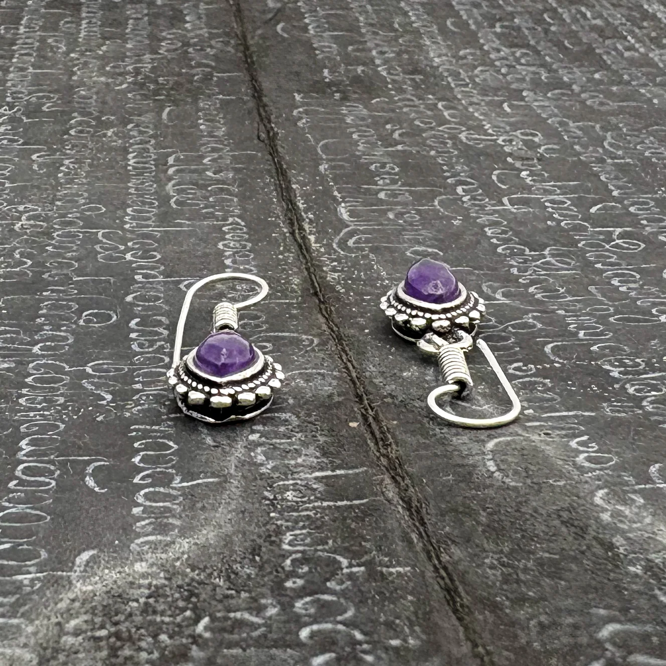 Amethyst Dotted Leaf White Brass Earrings - Image 9