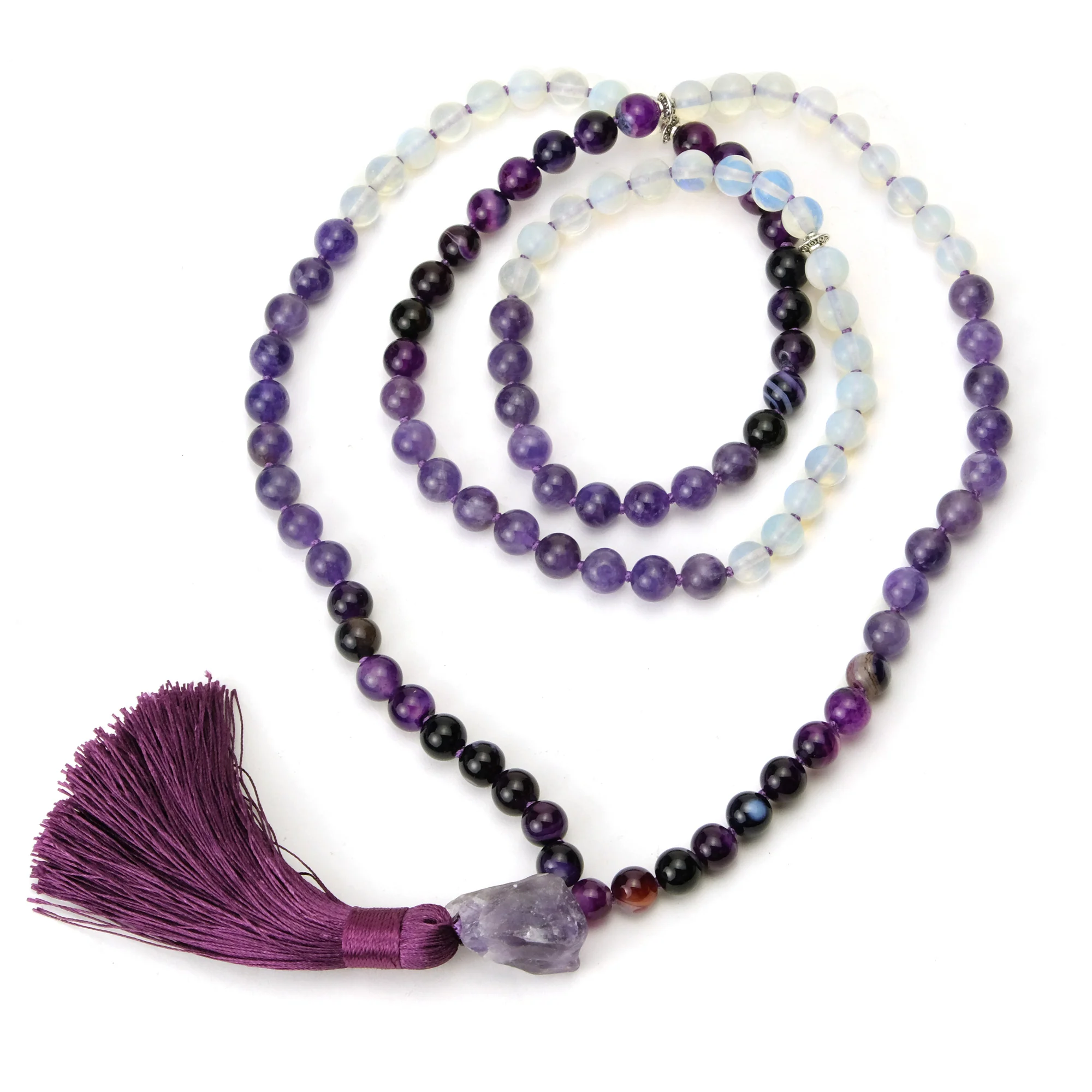 Amethyst, Fluorite and Opalite 8mm Knotted Mala with Silk Tassel #98 - Image 2