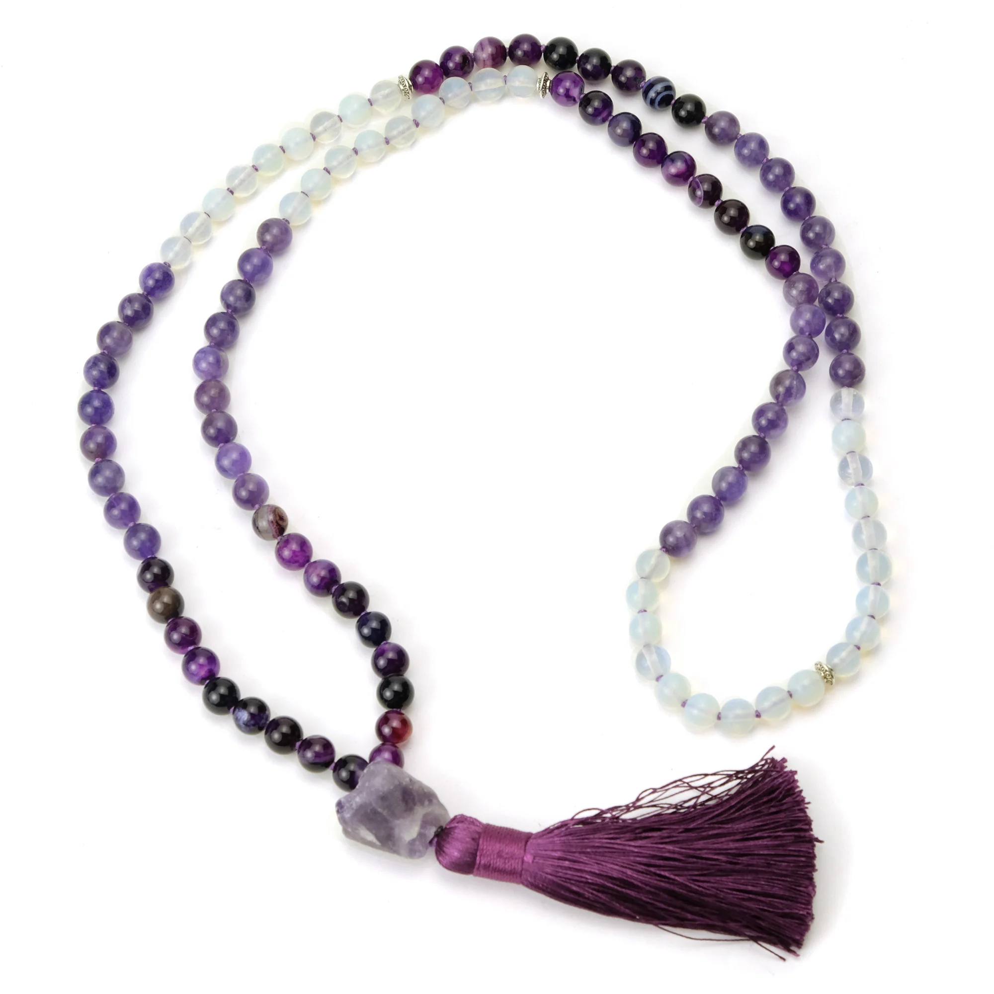Amethyst, Fluorite and Opalite 8mm Knotted Mala with Silk Tassel #98 - Image 3