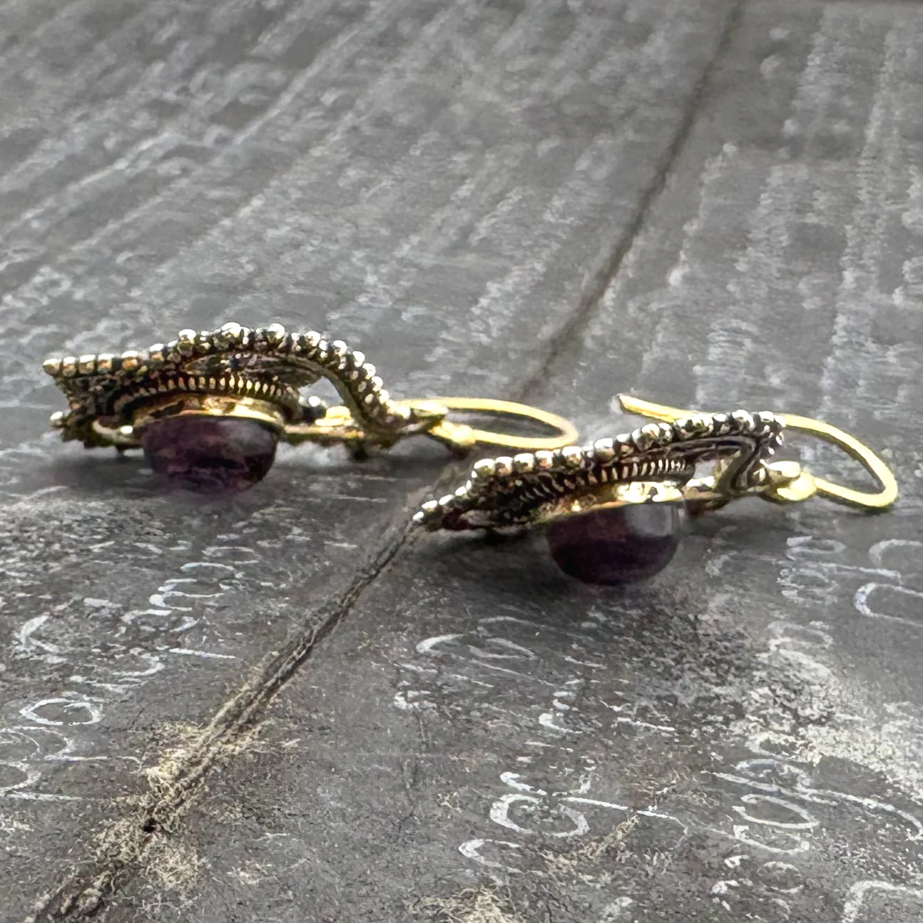 Amethyst Heart Doily Lace Brass Earrings - Image 10