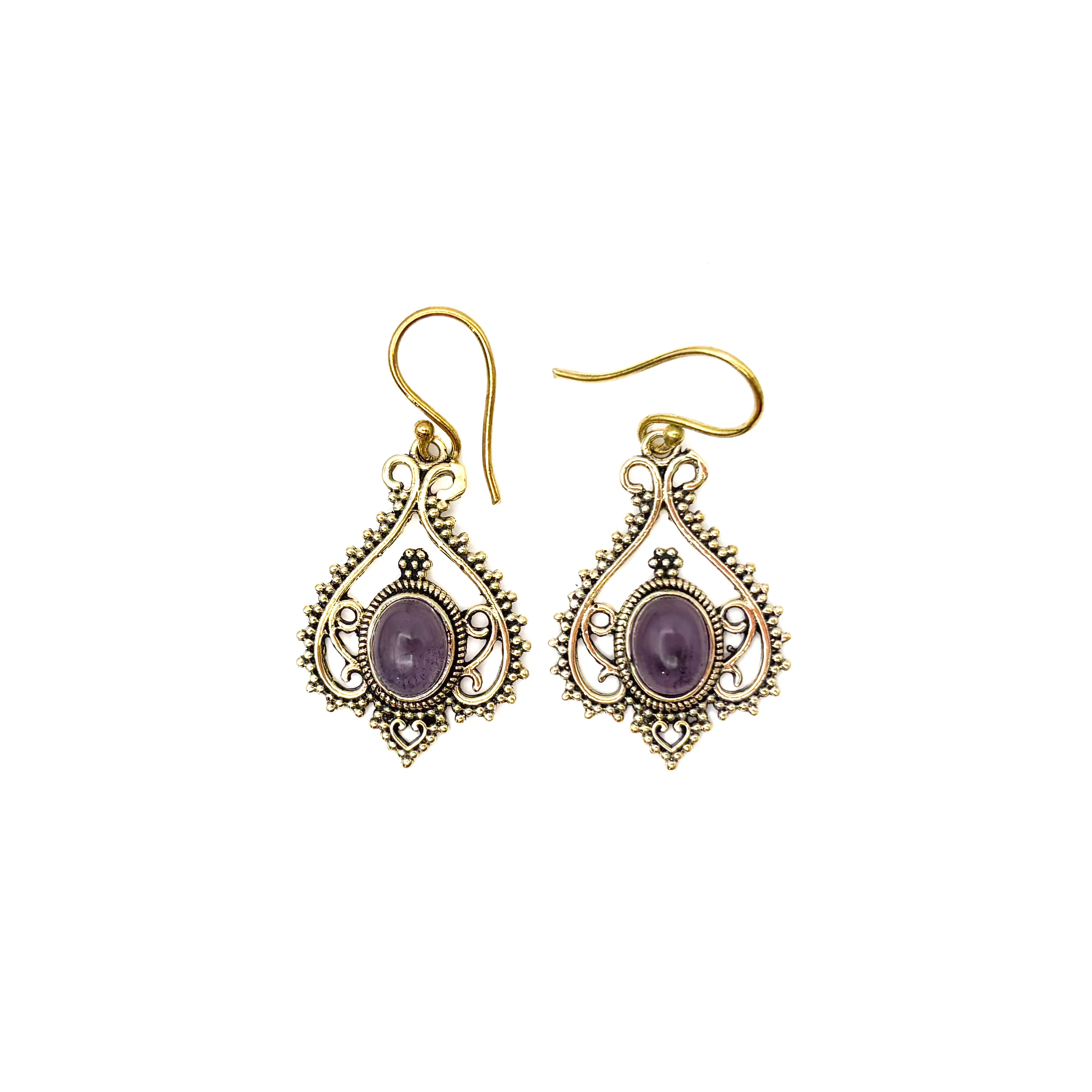 Amethyst Heart Doily Lace Brass Earrings - Image 2