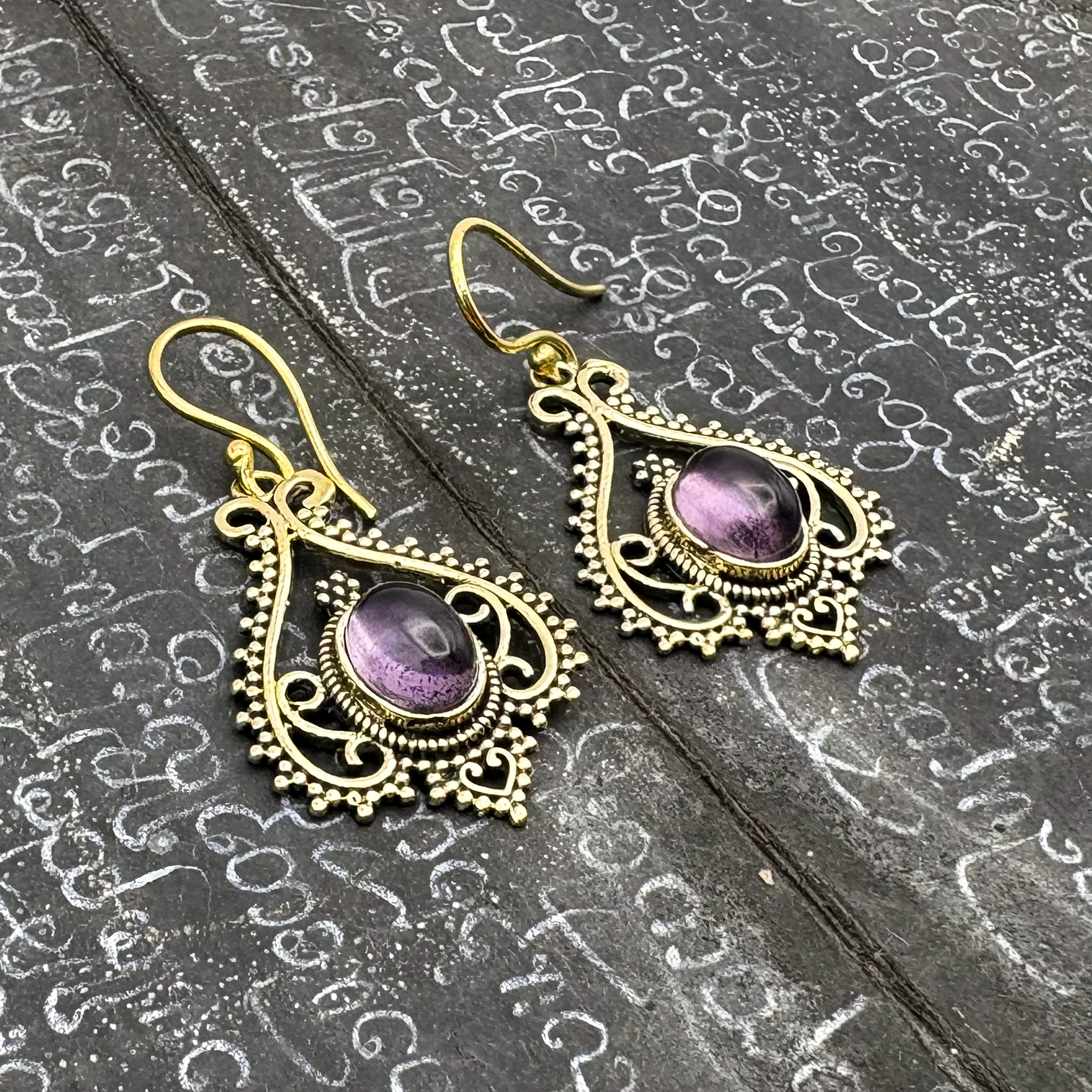 Amethyst Heart Doily Lace Brass Earrings - Image 3