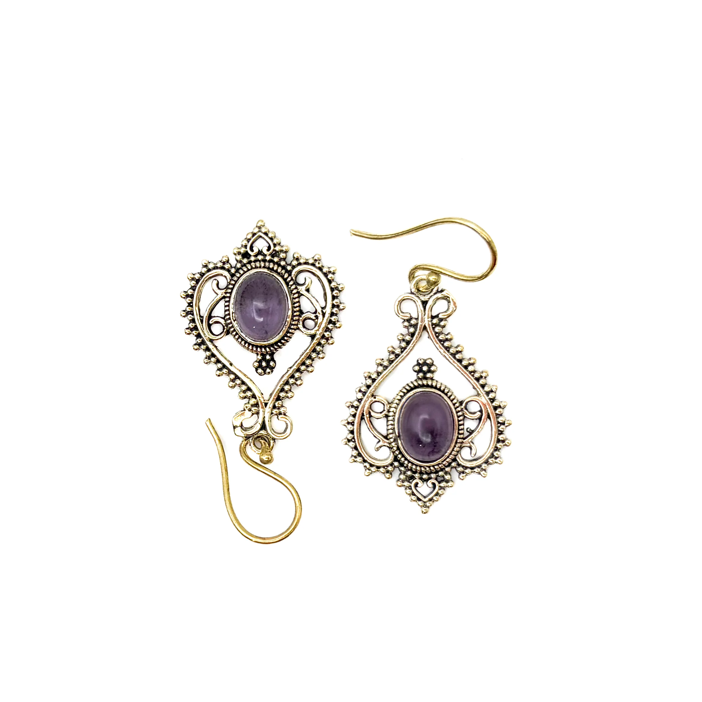 Amethyst Heart Doily Lace Brass Earrings - Image 4