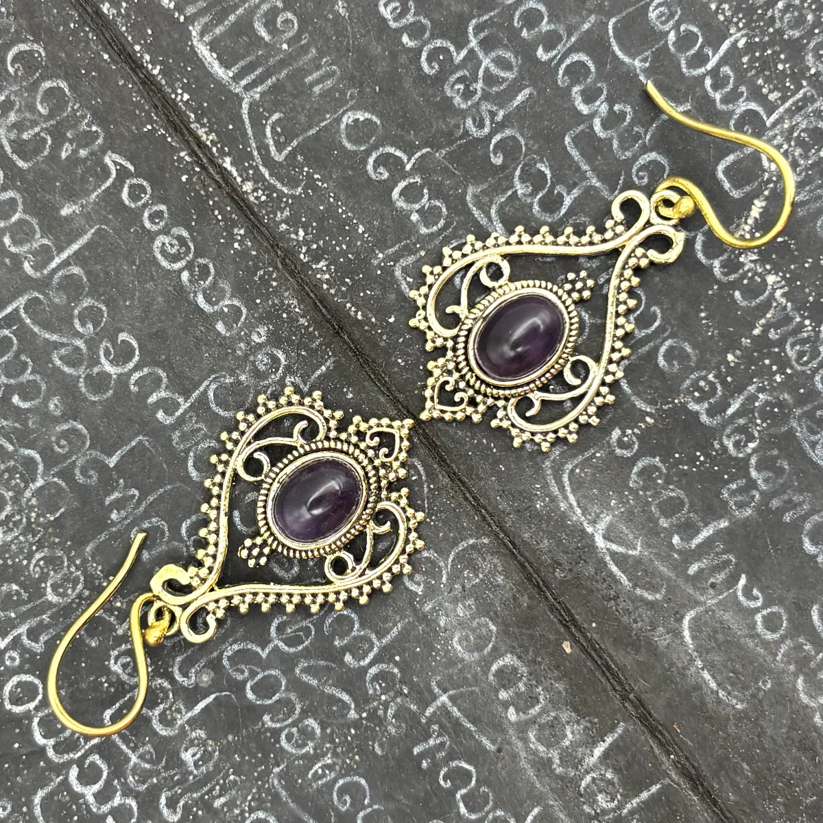 Amethyst Heart Doily Lace Brass Earrings - Image 5
