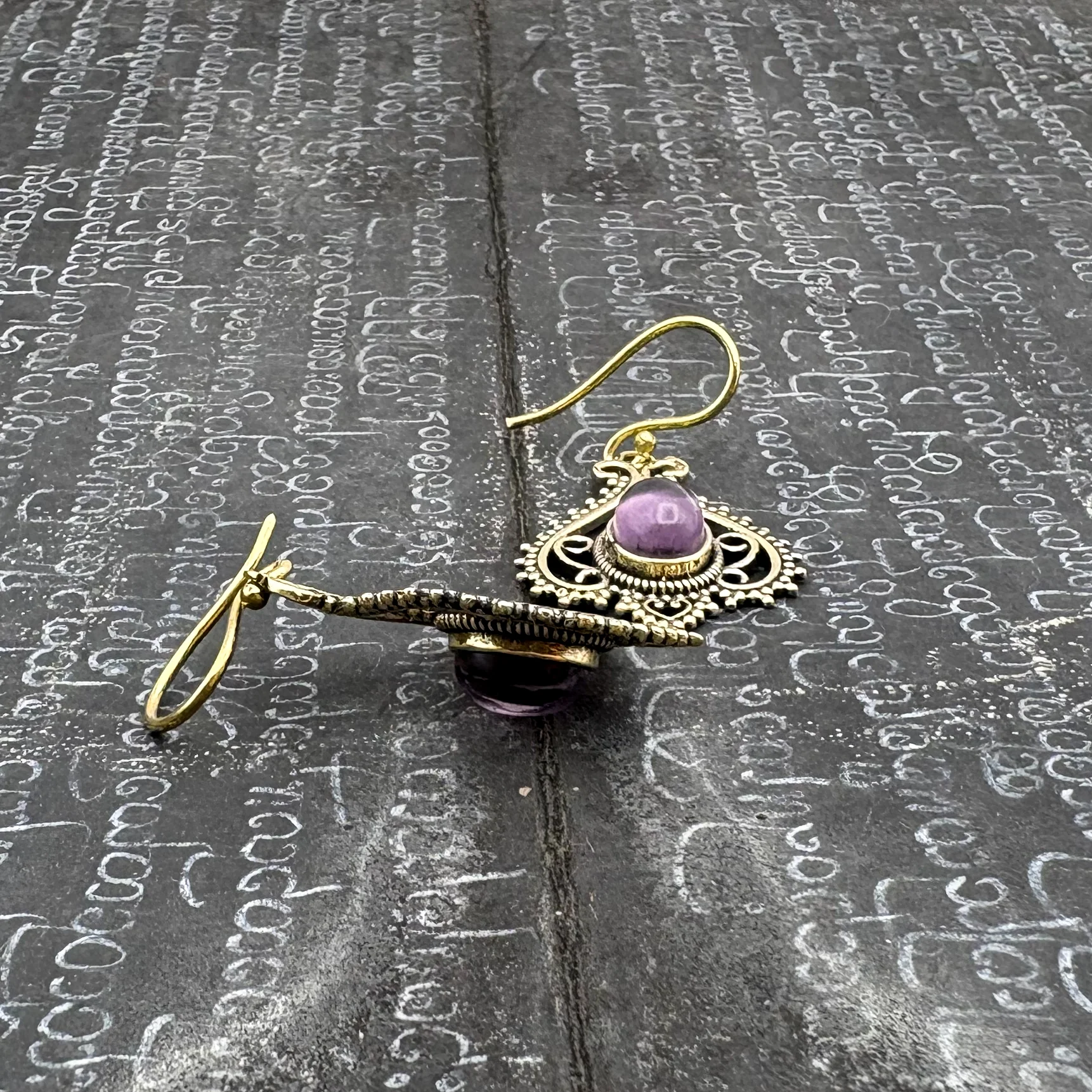 Amethyst Heart Doily Lace Brass Earrings - Image 7