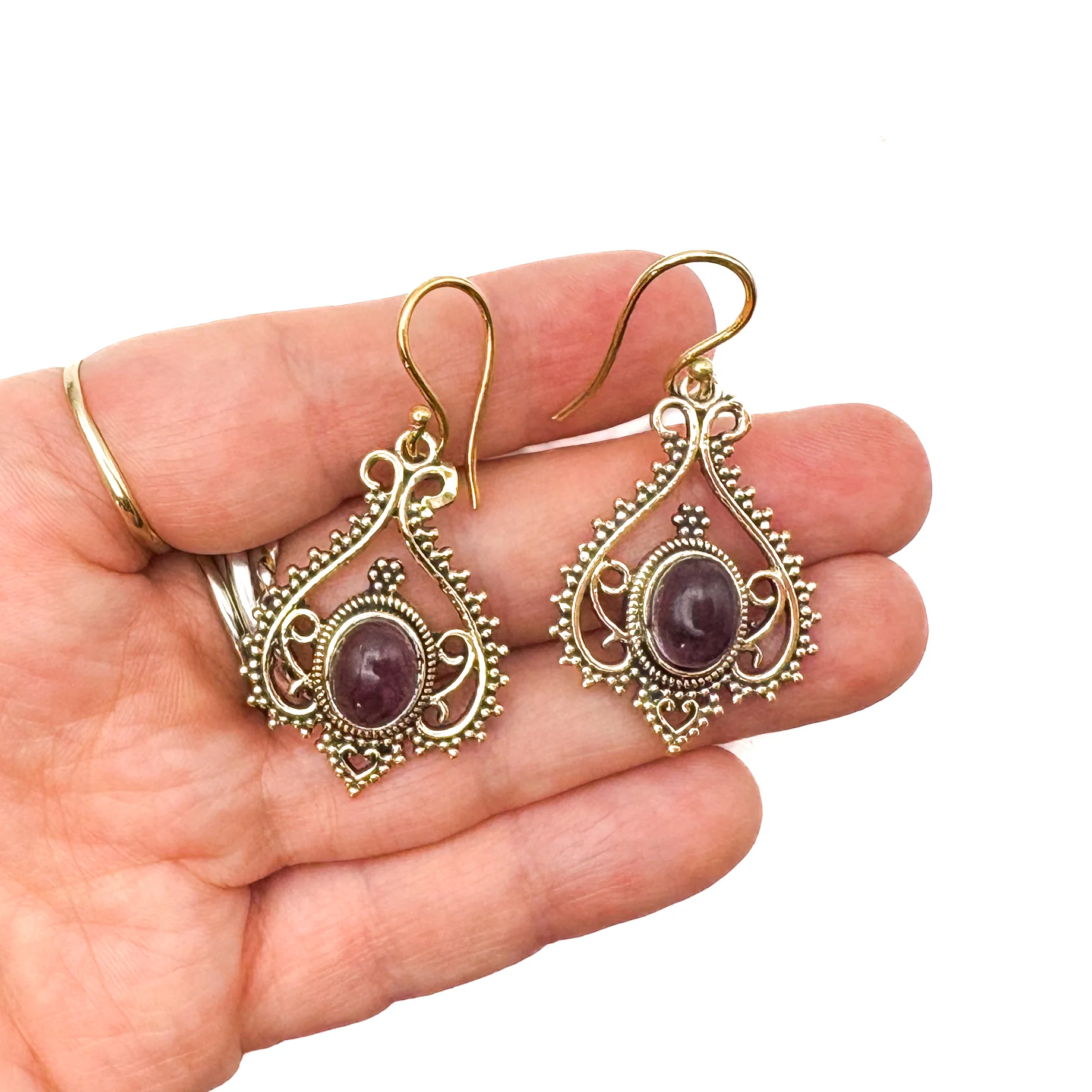 Amethyst Heart Doily Lace Brass Earrings - Image 9