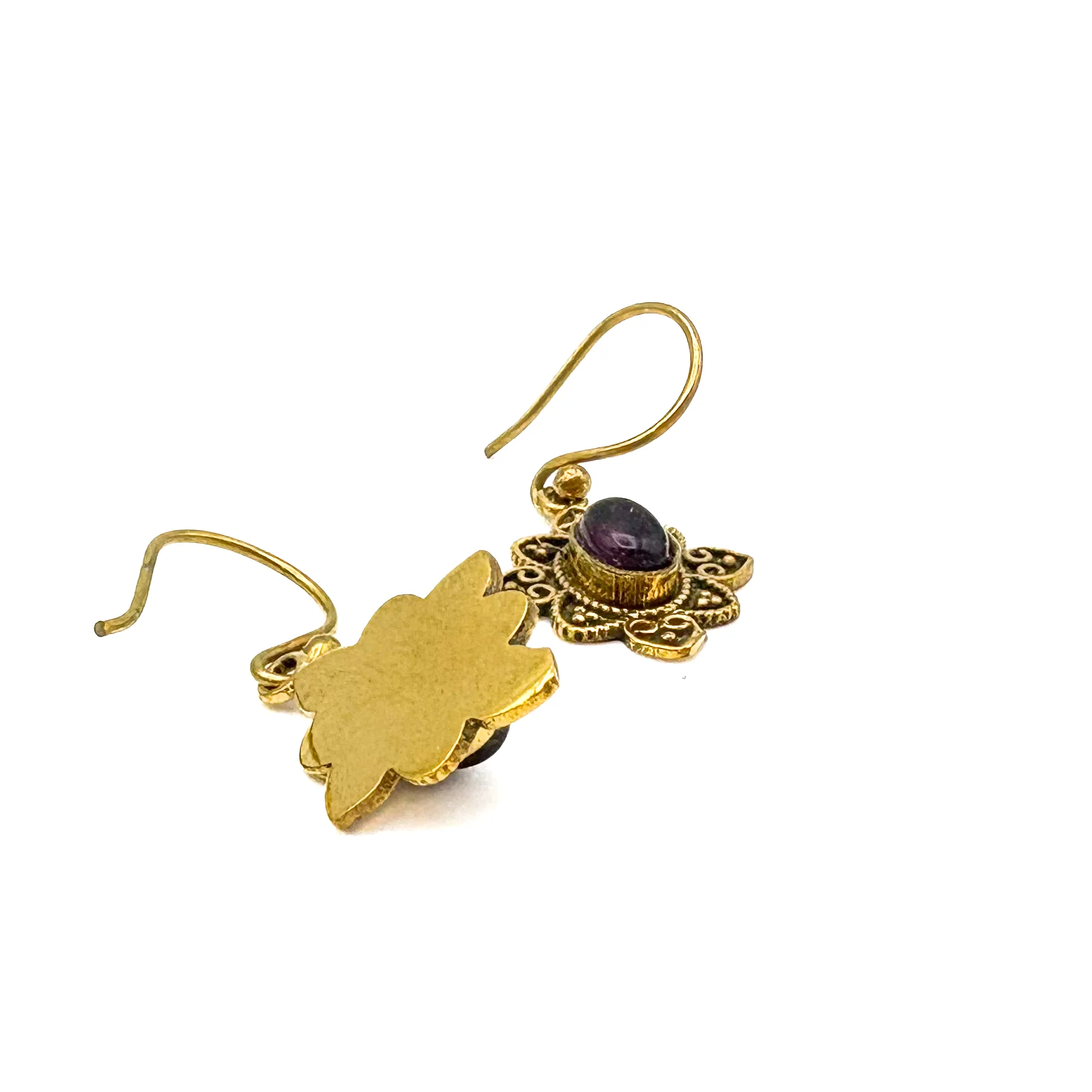 Amethyst Heart Flower Brass Earrings - Image 10