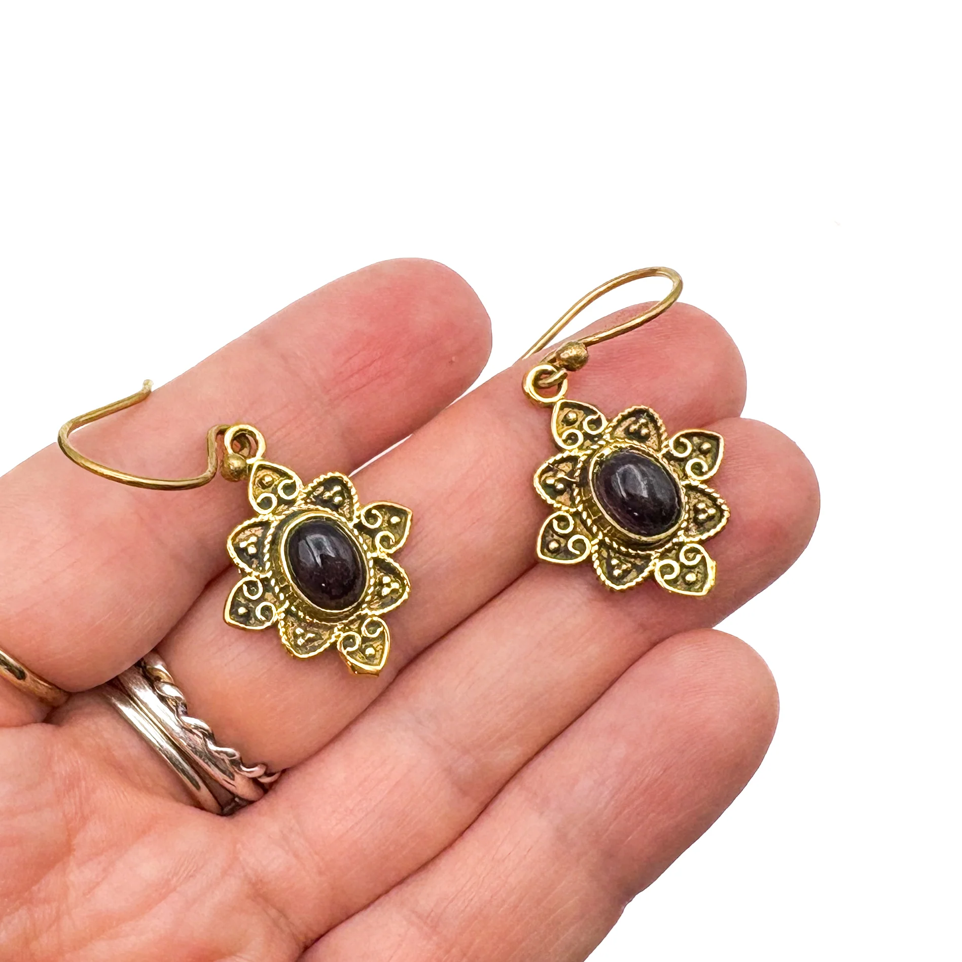 Amethyst Heart Flower Brass Earrings - Image 11
