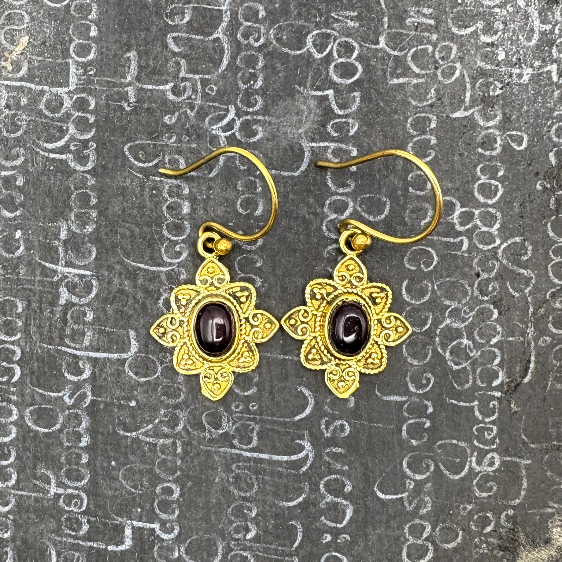 Amethyst Heart Flower Brass Earrings - Image 3
