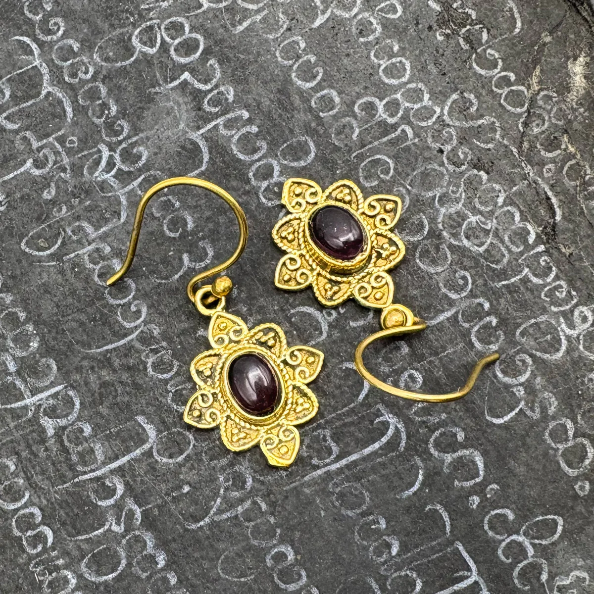 Amethyst Heart Flower Brass Earrings - Image 4