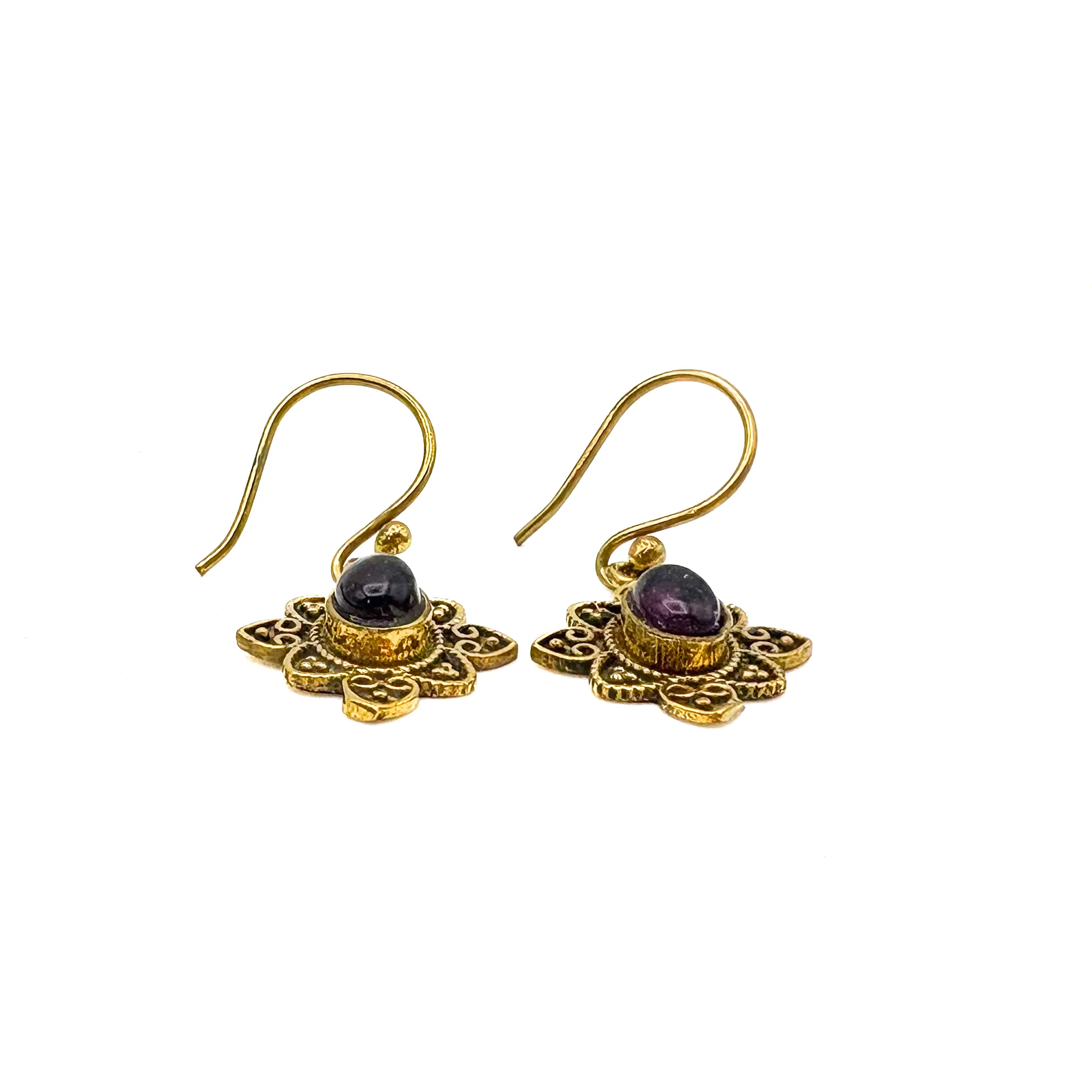 Amethyst Heart Flower Brass Earrings - Image 6