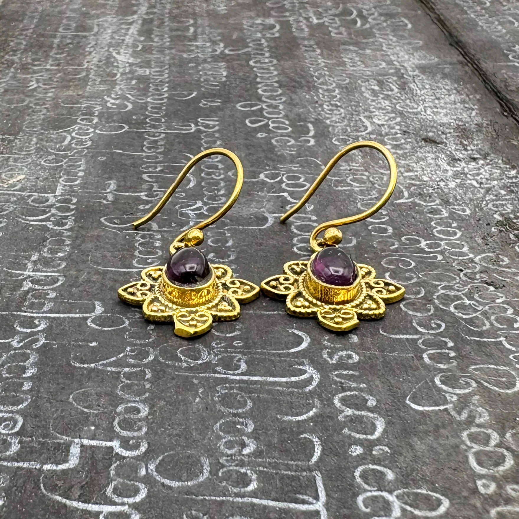 Amethyst Heart Flower Brass Earrings - Image 7