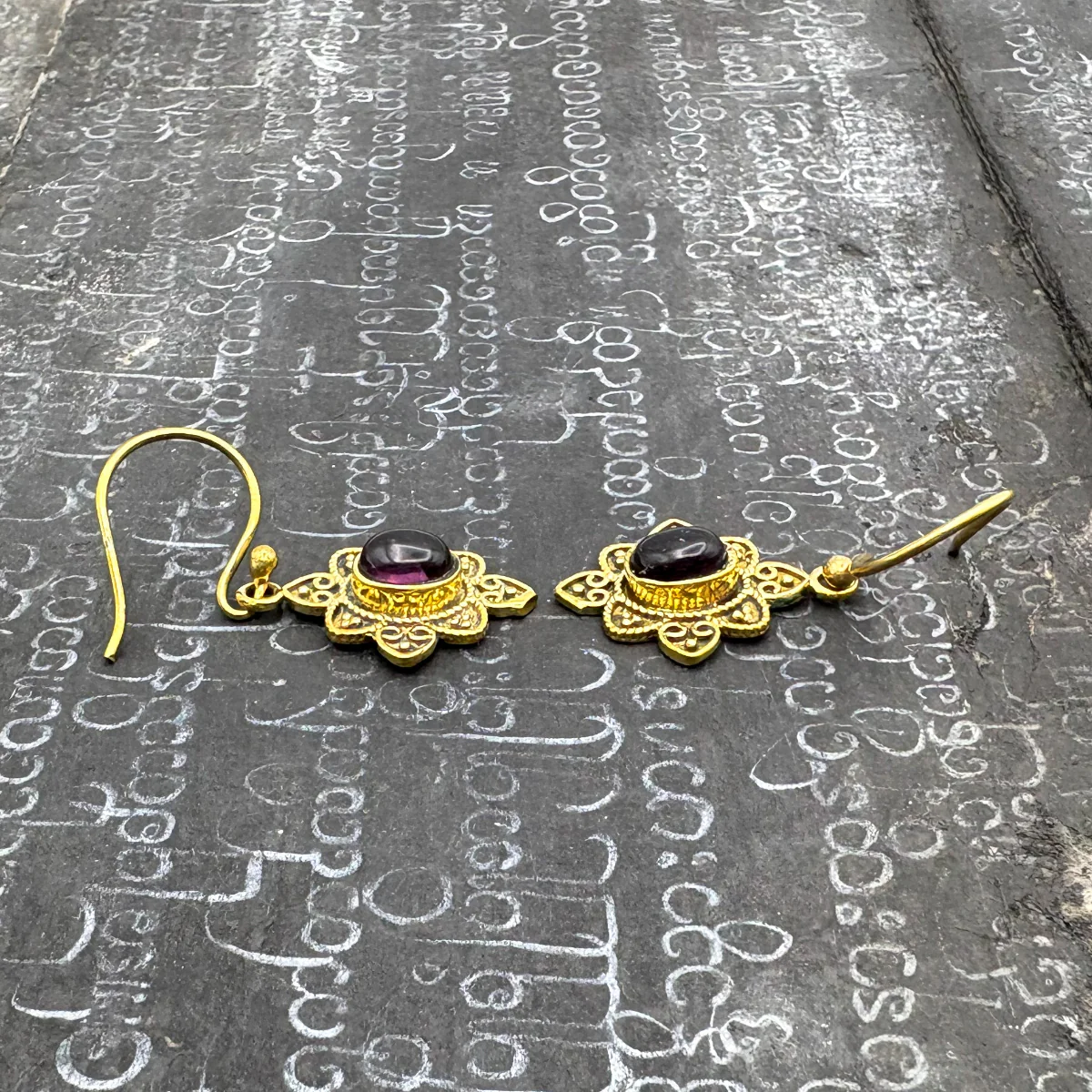 Amethyst Heart Flower Brass Earrings - Image 9