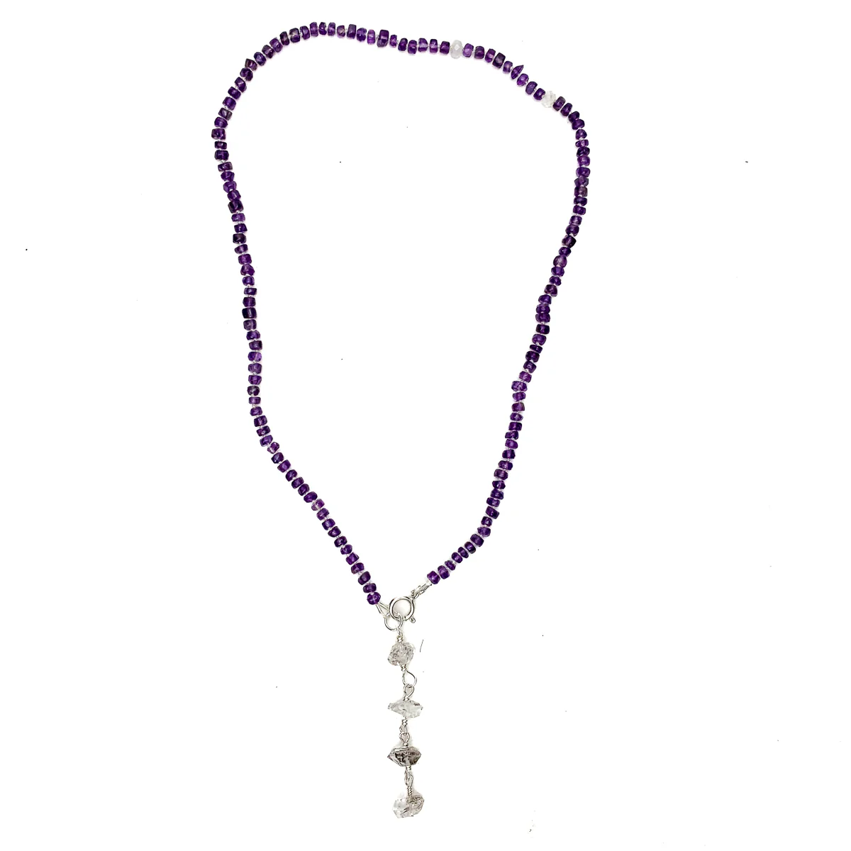 Amethyst, Moonstone, Herkimer Diamond Knotted Y Necklace With Sterling Silver Spring Clasp - Image 2