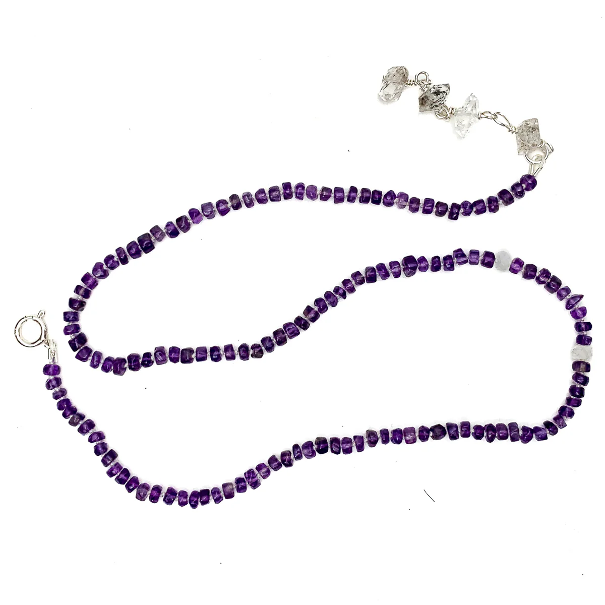 Amethyst, Moonstone, Herkimer Diamond Knotted Y Necklace With Sterling Silver Spring Clasp - Image 3