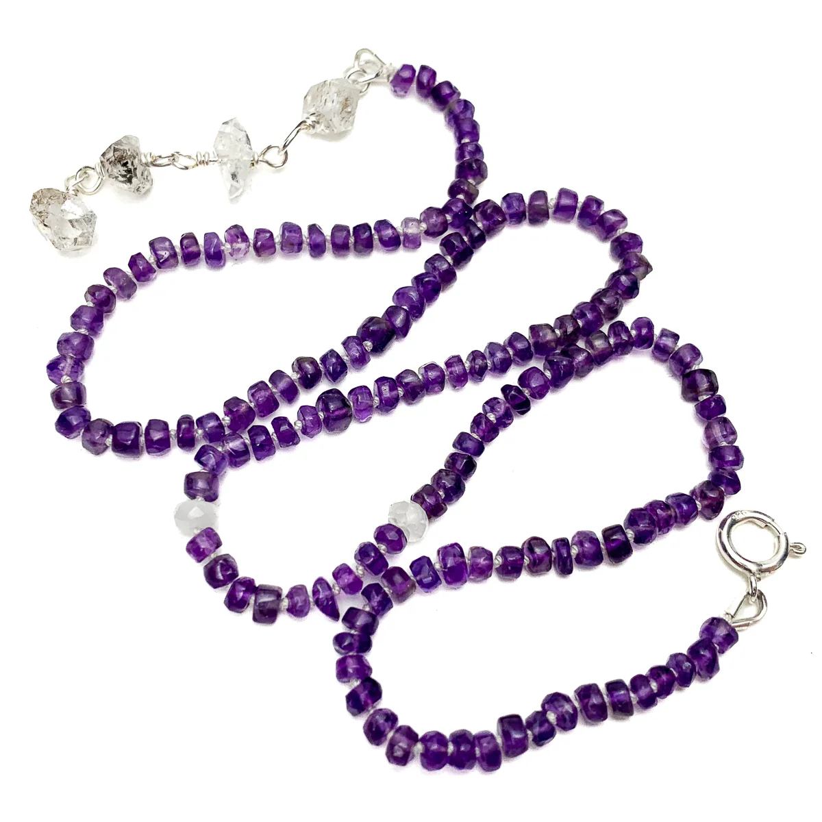 Amethyst, Moonstone, Herkimer Diamond Knotted Y Necklace With Sterling Silver Spring Clasp - Image 5