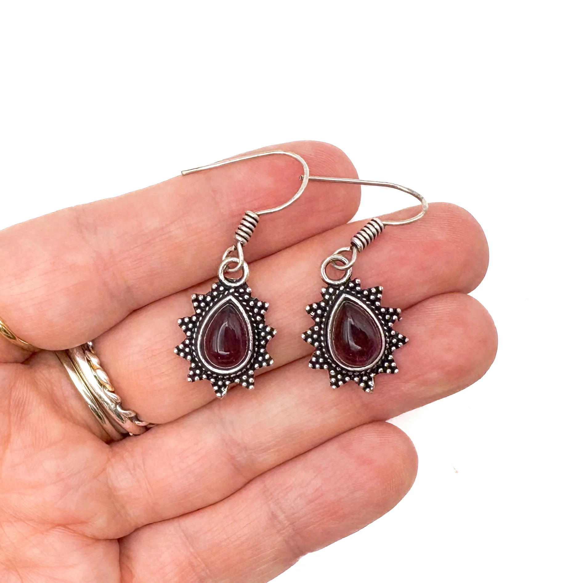 Amethyst Teardrop Dotted Rays White Brass Earrings - Image 10