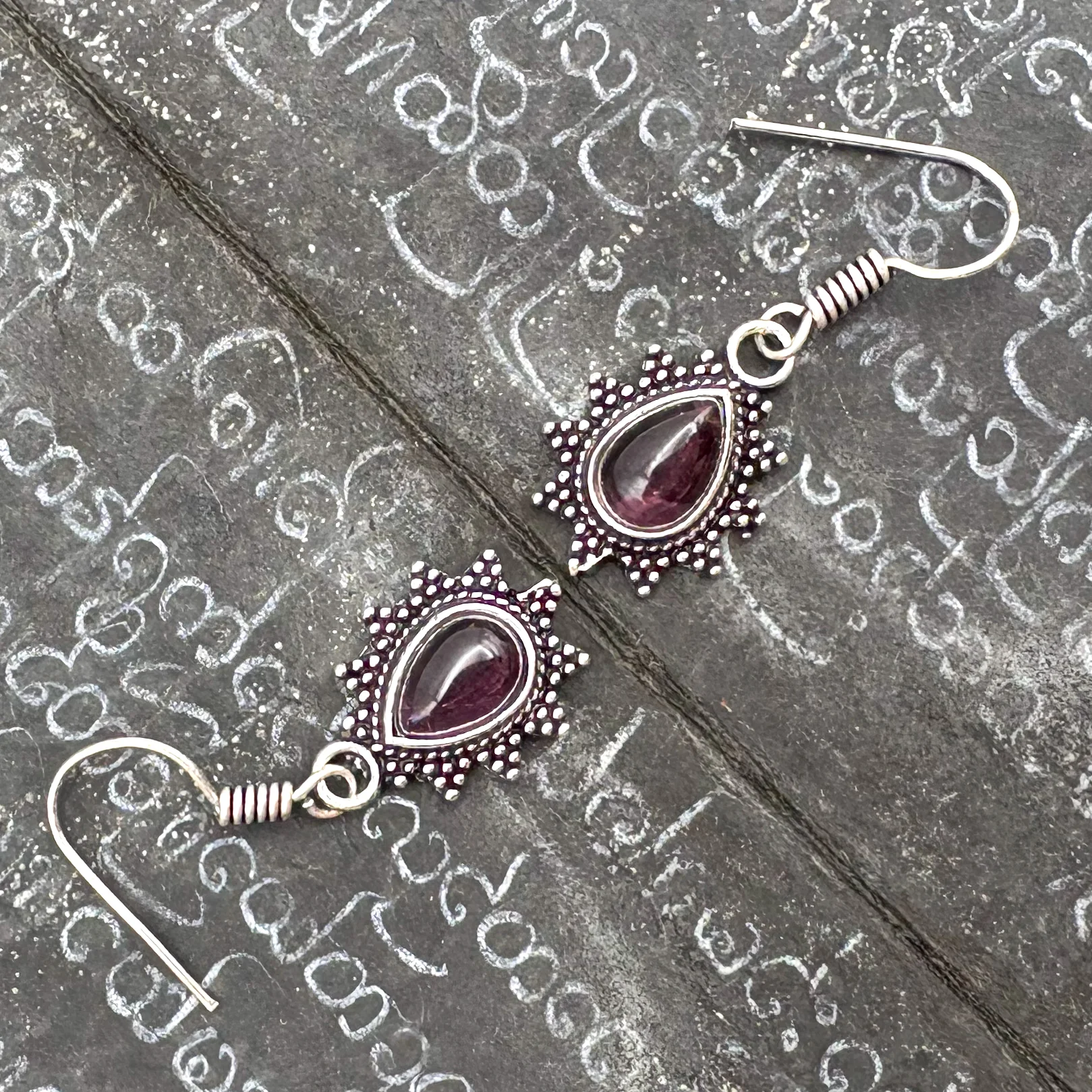 Amethyst Teardrop Dotted Rays White Brass Earrings - Image 3