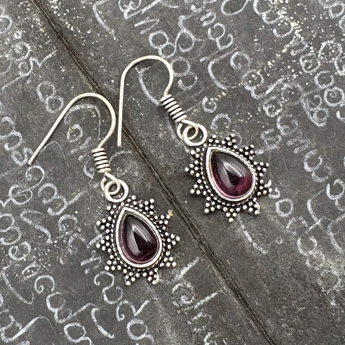 Amethyst Teardrop Dotted Rays White Brass Earrings - Image 5