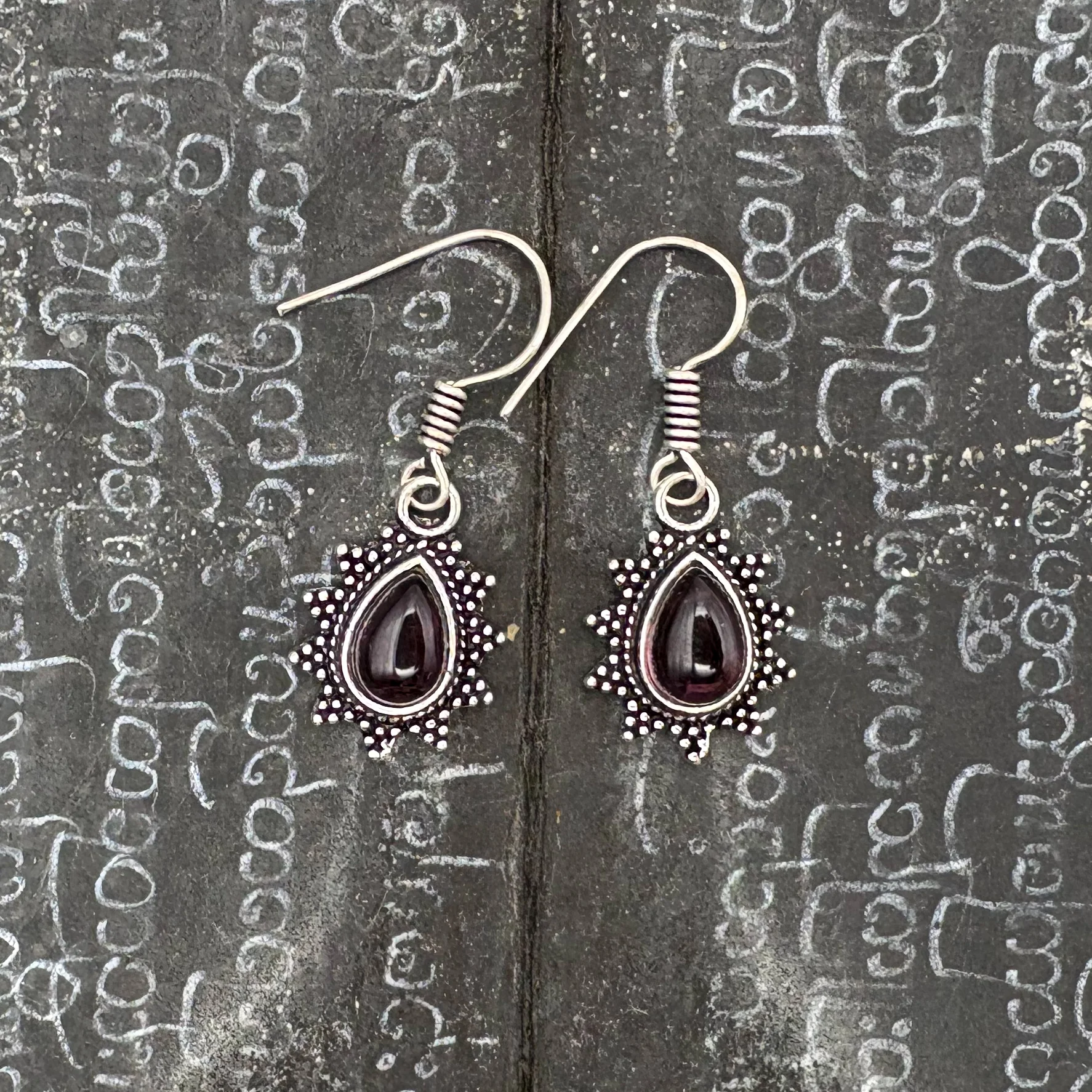 Amethyst Teardrop Dotted Rays White Brass Earrings - Image 7