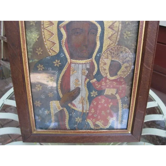 Antique Framed Eastern European Painted on Wood Black Madonna of Czestochowa - Image 3
