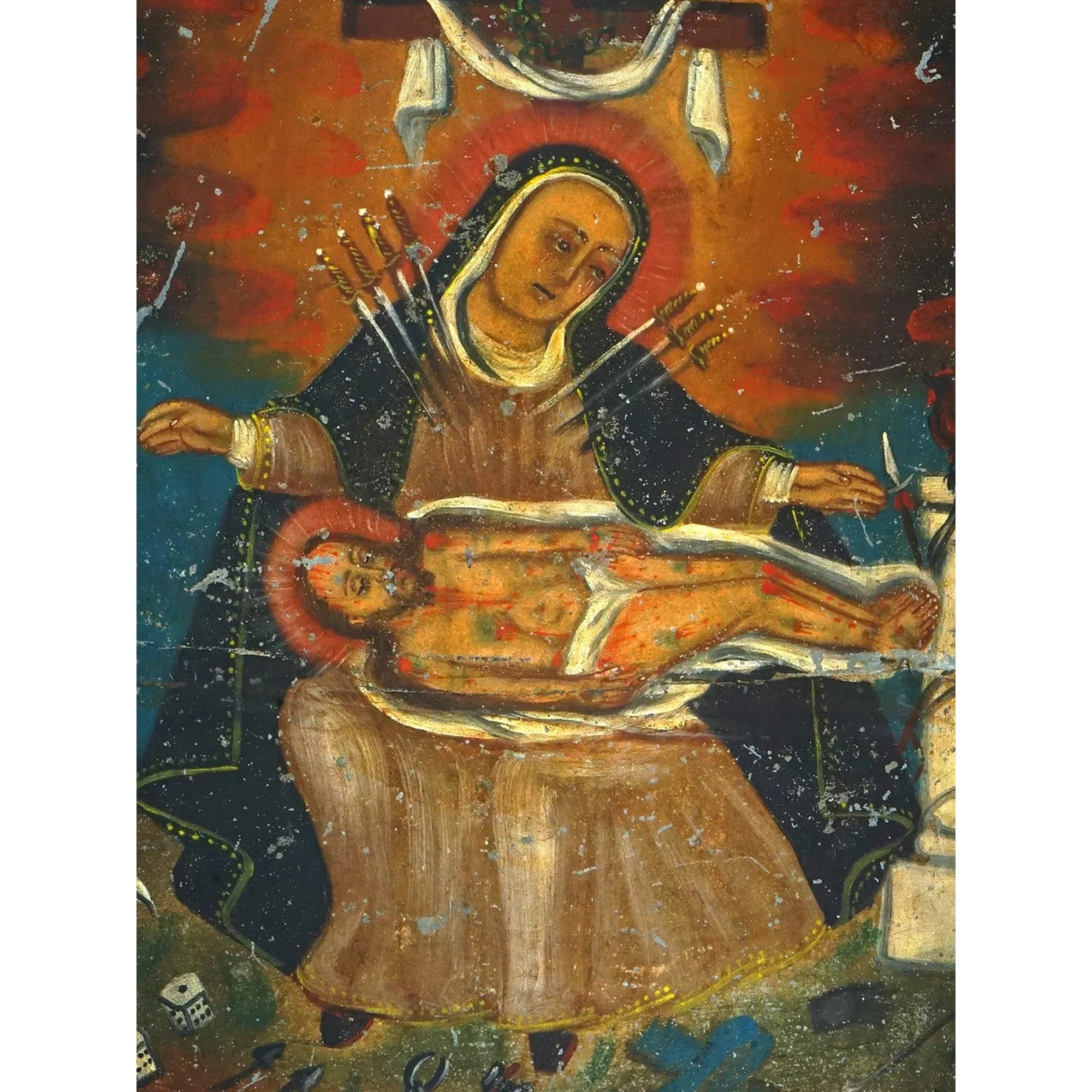 Pieta Our Lady Of Seven Sorrows Antique Bolivian Retablo - Image 2