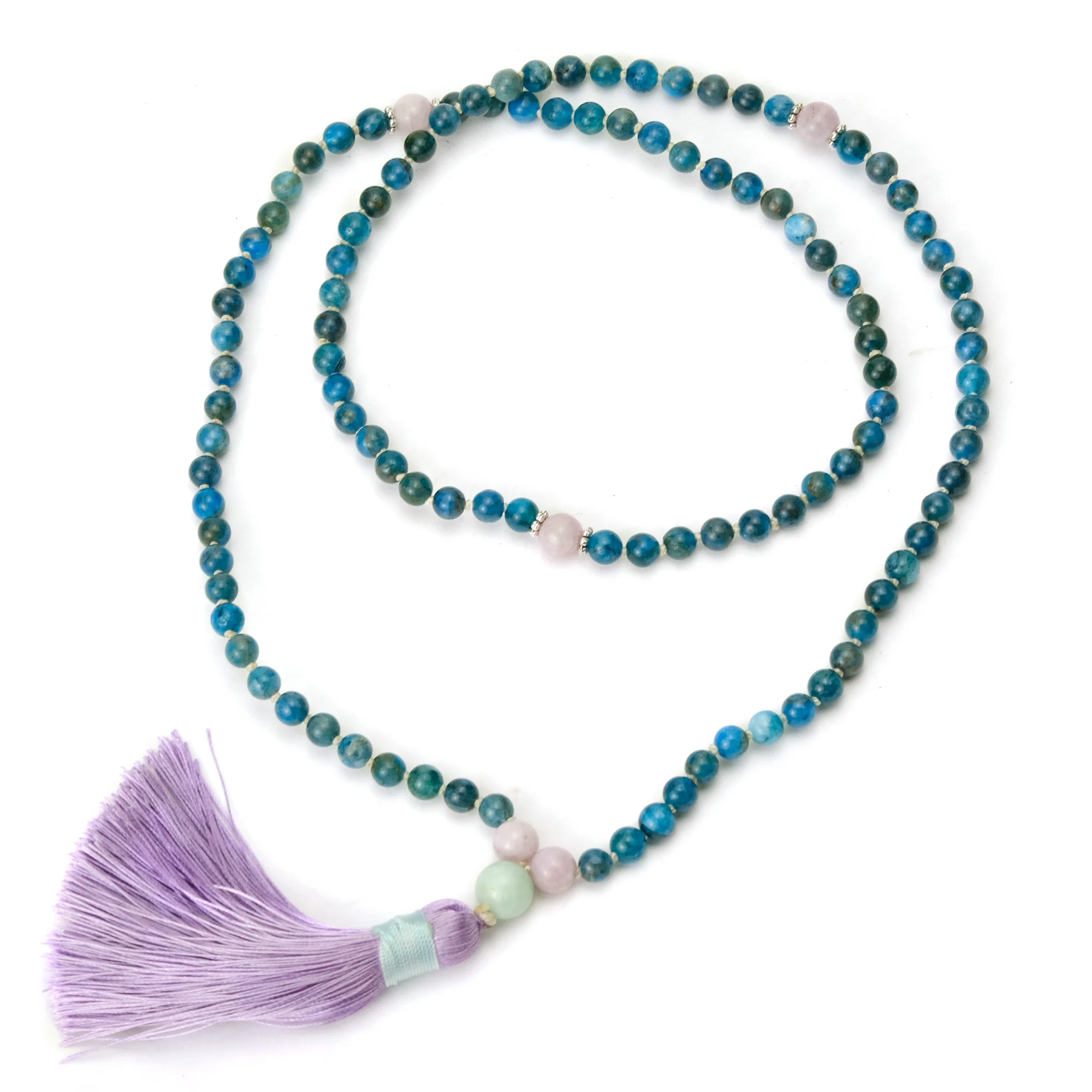 Apatite and Morganite 6mm Knotted Mala with Silk Tassel #99 - Image 2