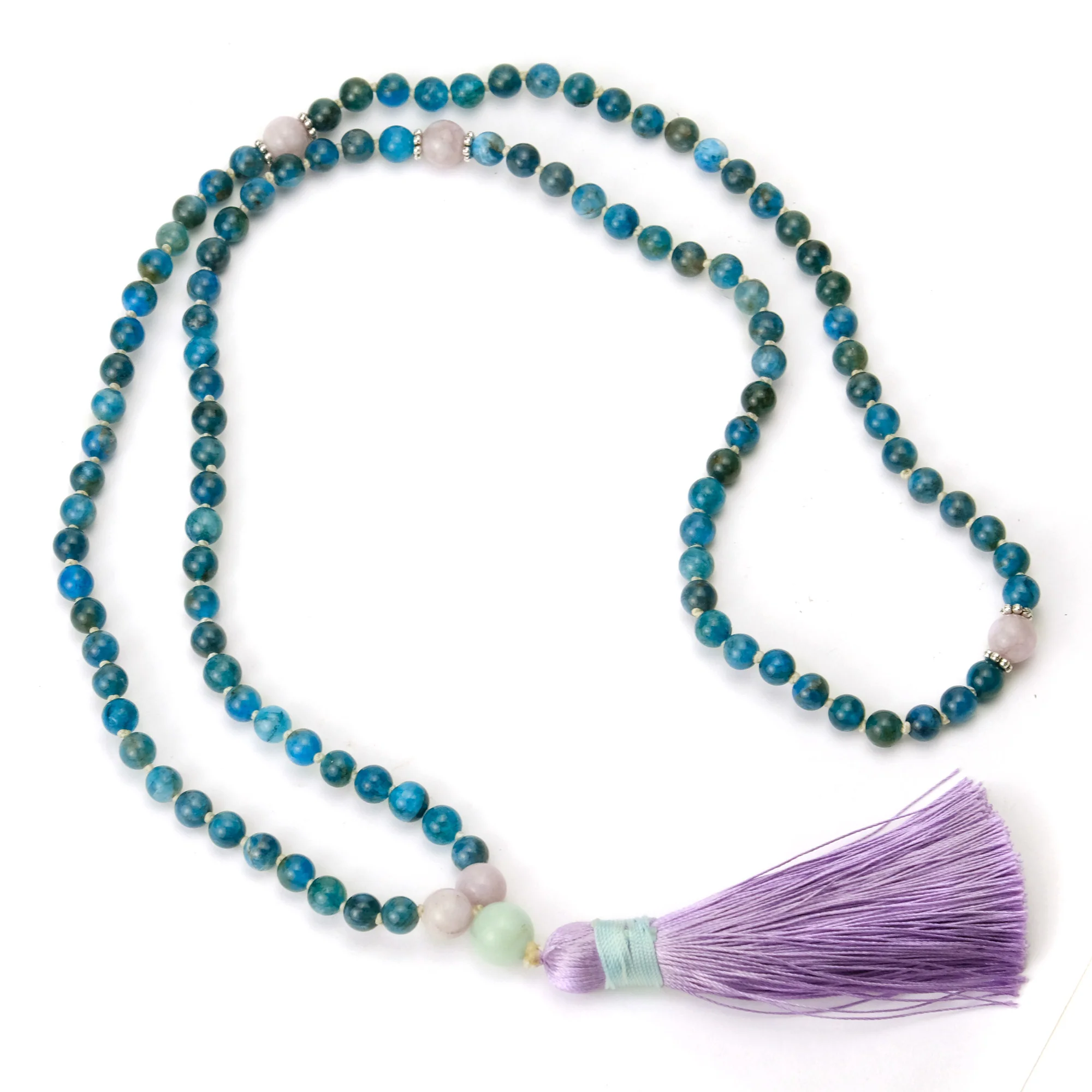 Apatite and Morganite 6mm Knotted Mala with Silk Tassel #99 - Image 3