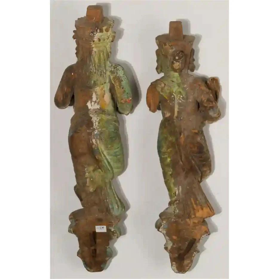 19th Century Indian Musician and Wife and Child Carved Wood Figurines Pair - Image 2