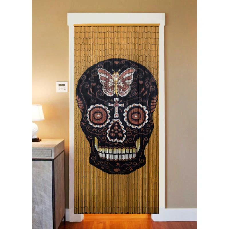 Bamboo Beaded Curtain Hand Painted - Black Day of the Dead Skull / Dia de los Muertos - Image 2