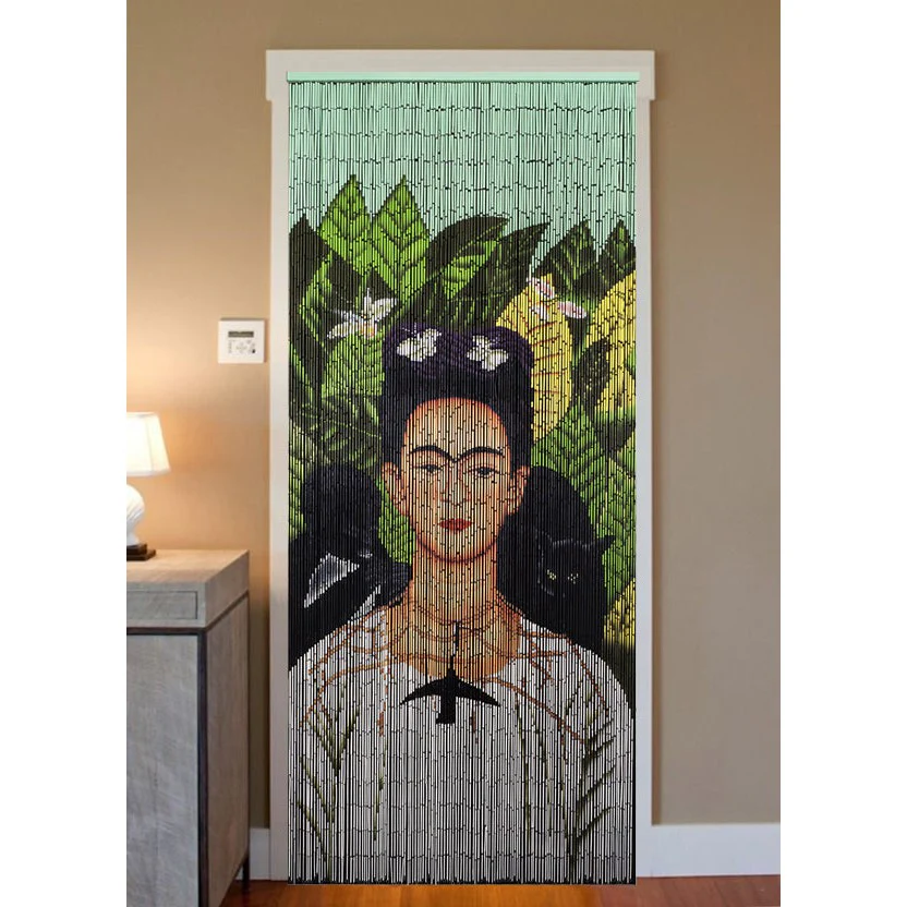 Bamboo Beaded Curtain Hand Painted - Frida Kahlo with Black Monkeys - Image 2
