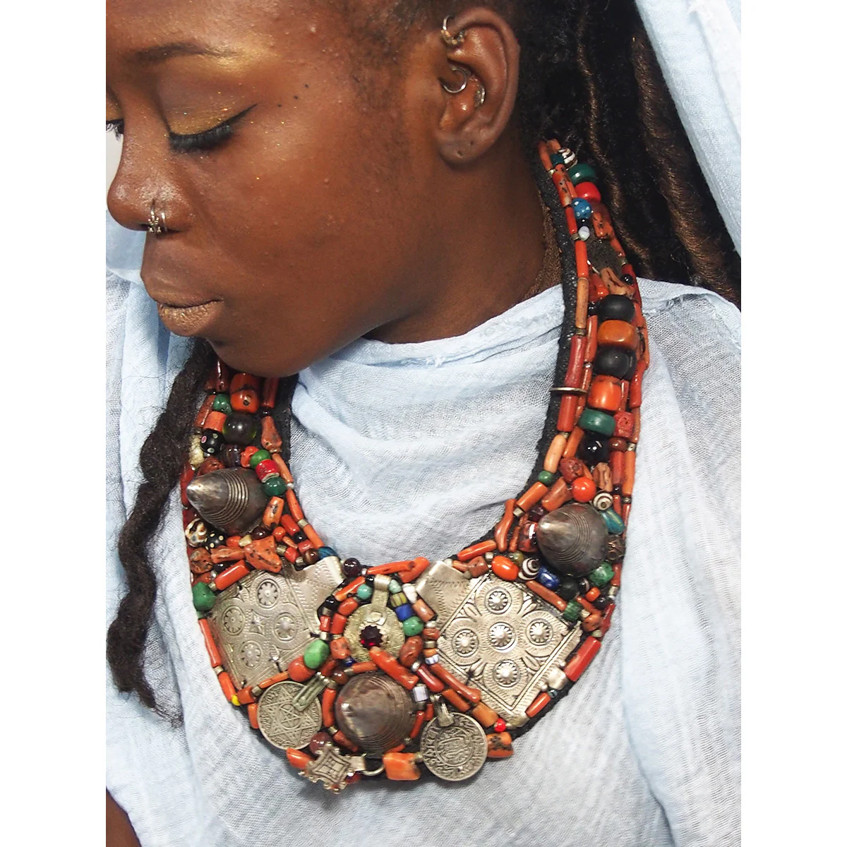 Berber Heirloom Coral/Silver Bib Necklace, B - Image 6