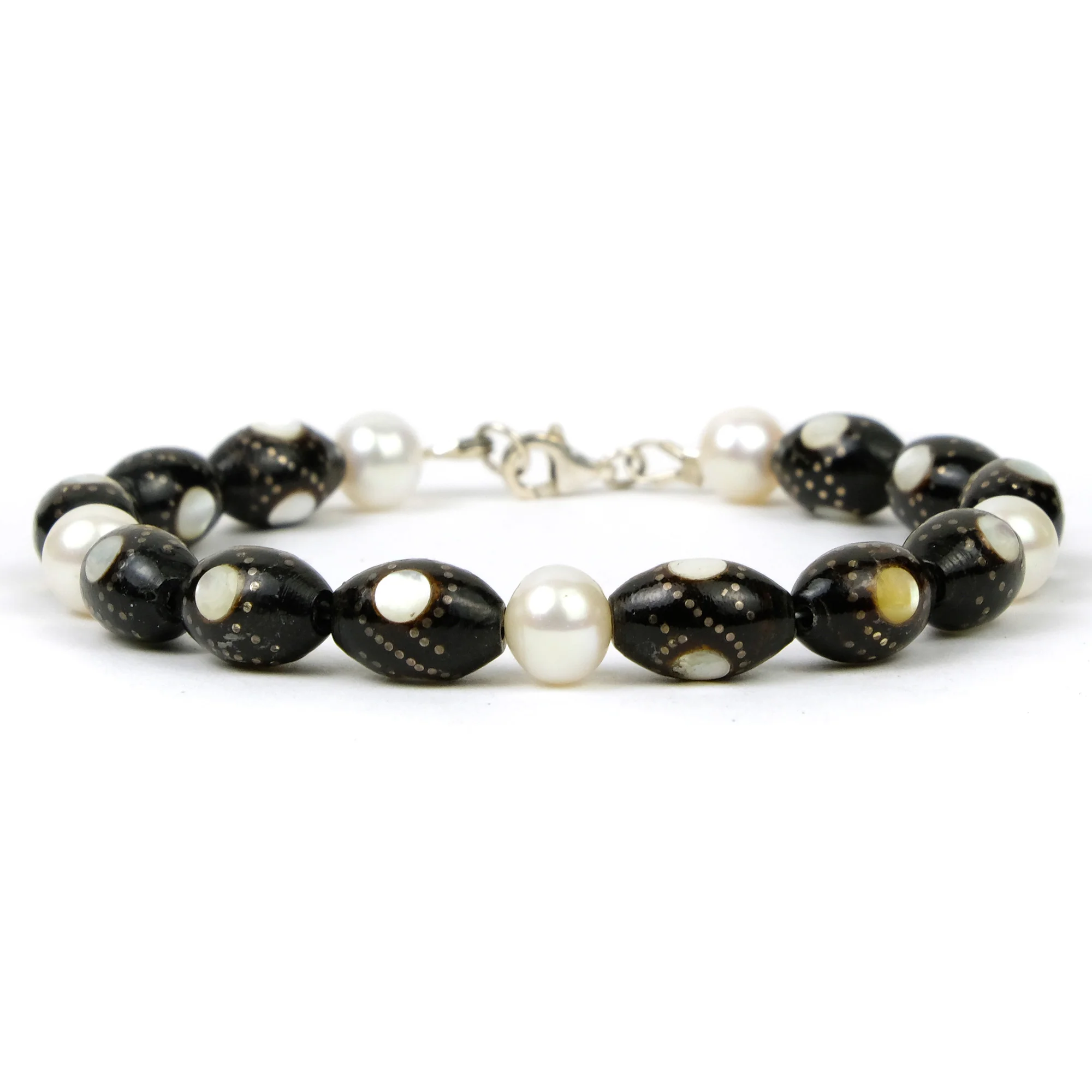 Black Coral and Hand Inlaid Silver and Mother of Pearl Bracelet with Sterling Silver Trigger Clasp - Image 2
