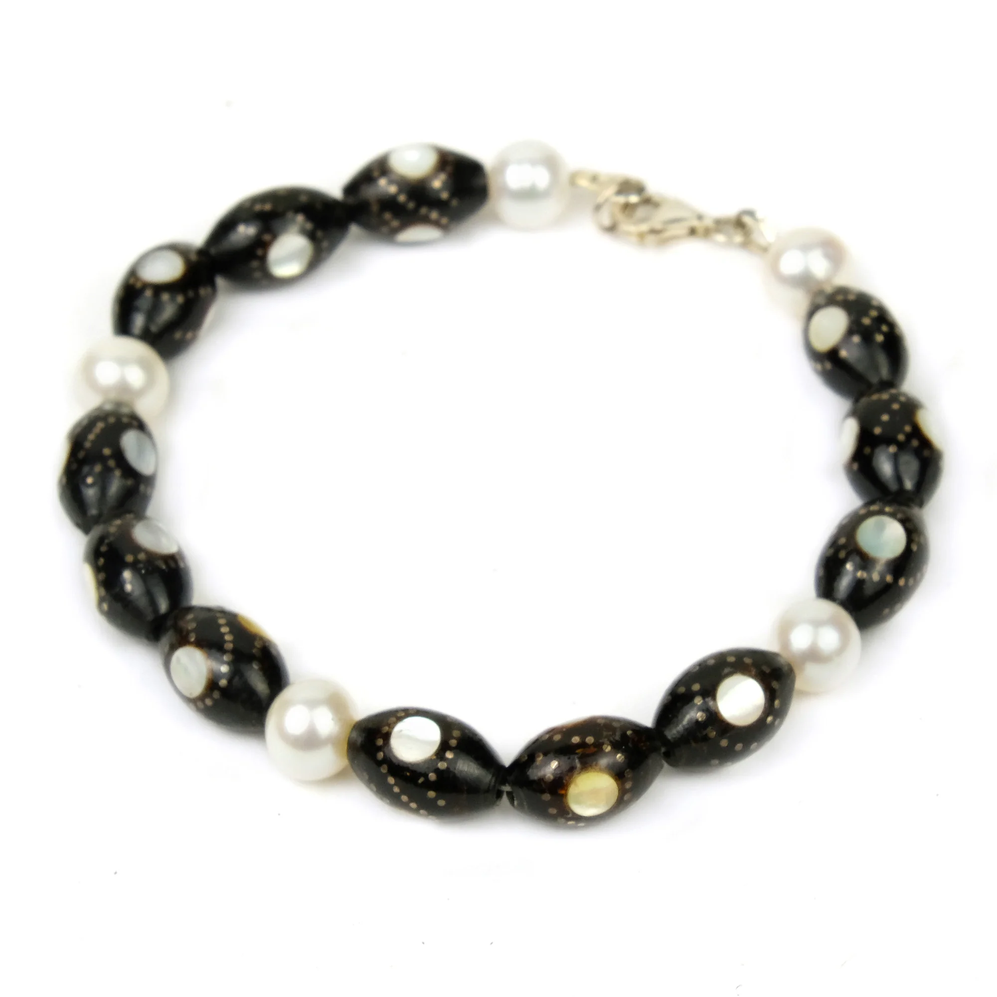 Black Coral and Hand Inlaid Silver and Mother of Pearl Bracelet with Sterling Silver Trigger Clasp - Image 3