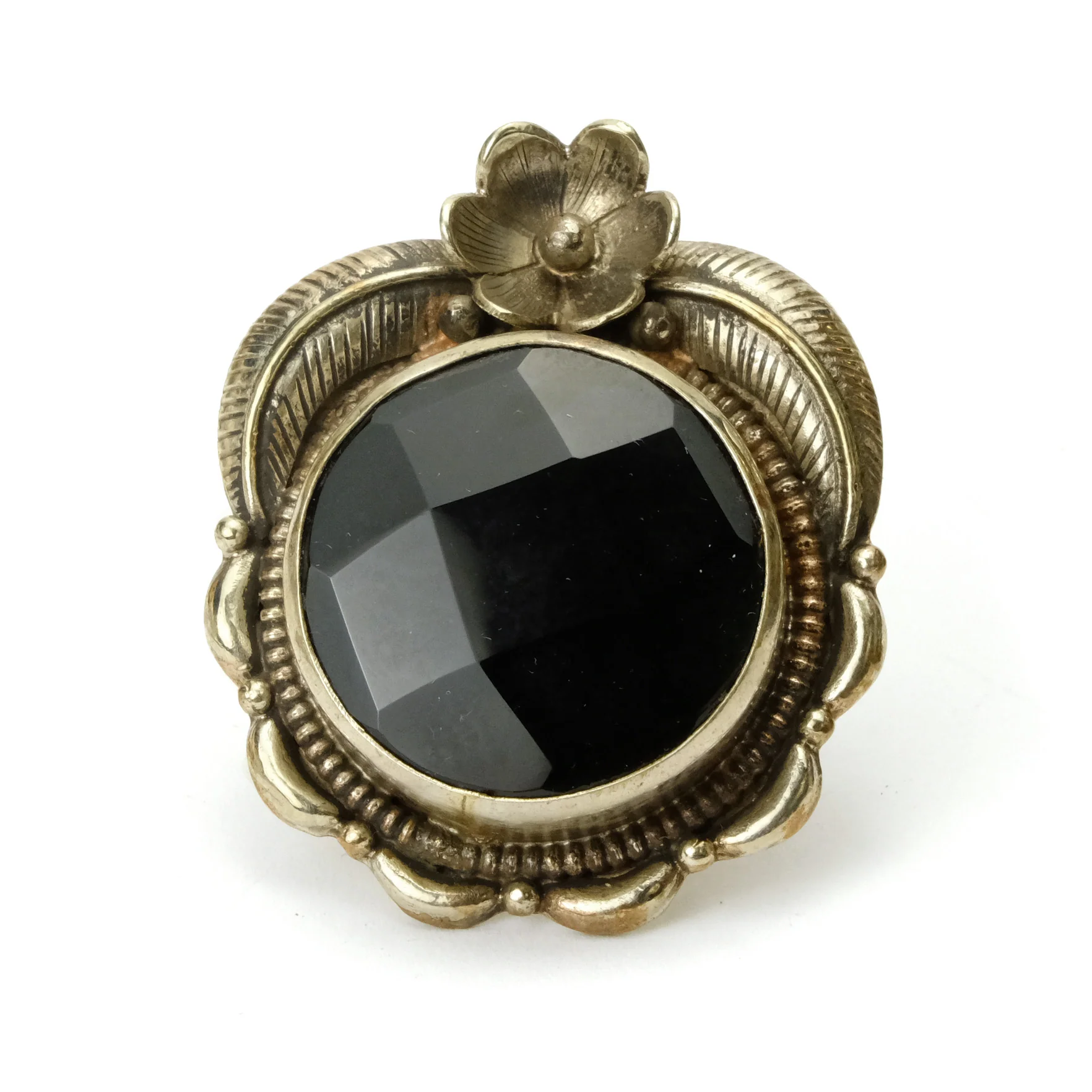 Black Onyx Faceted Cabochon Sterling Silver Adjustable Ring Large - Image 2