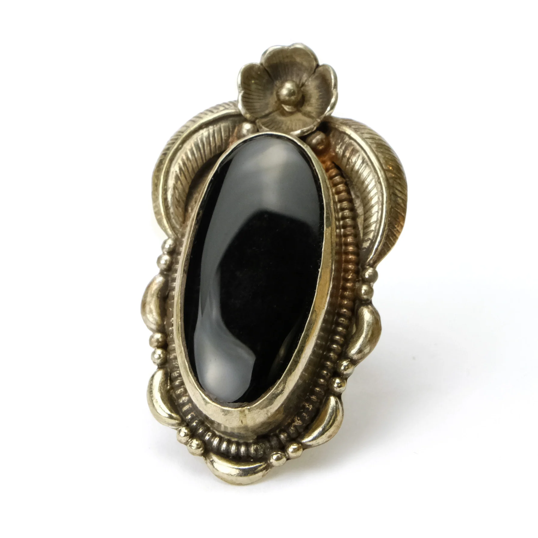 Black Onyx Smooth Oval Cabochon Sterling Silver Adjustable Ring Large - Image 2