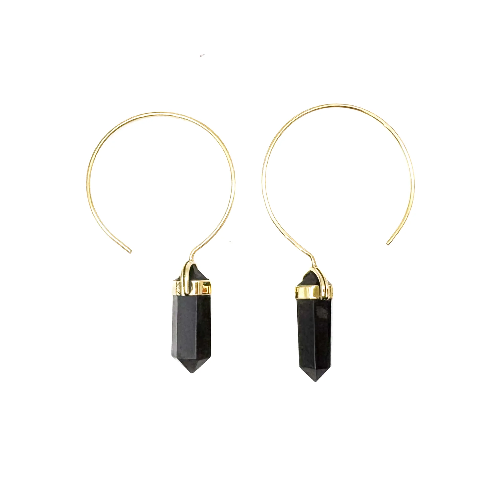 Black Tourmaline Crystal Point Brass Hoop Earrings - Image 2