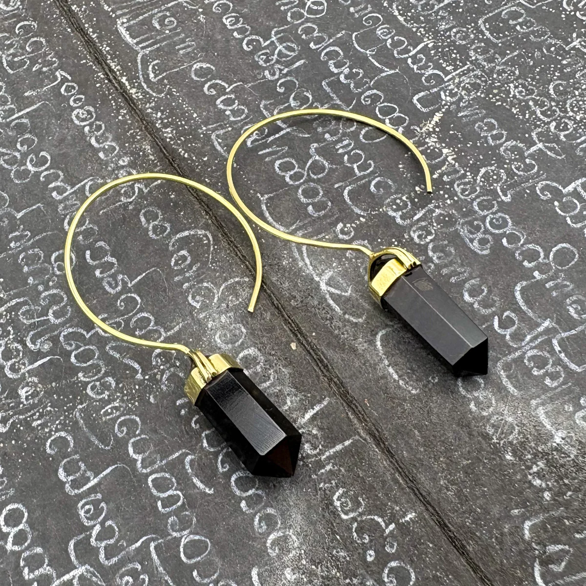 Black Tourmaline Crystal Point Brass Hoop Earrings - Image 3