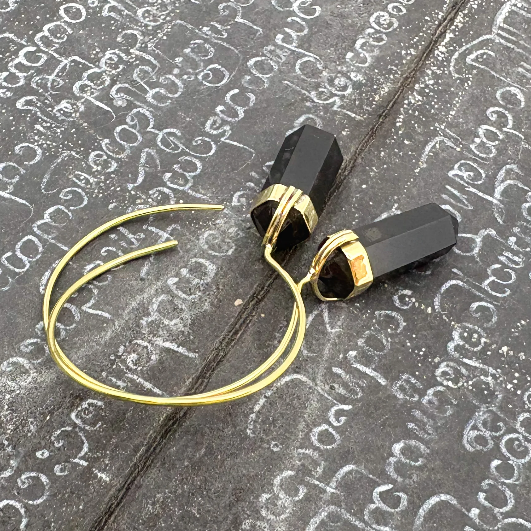 Black Tourmaline Crystal Point Brass Hoop Earrings - Image 4