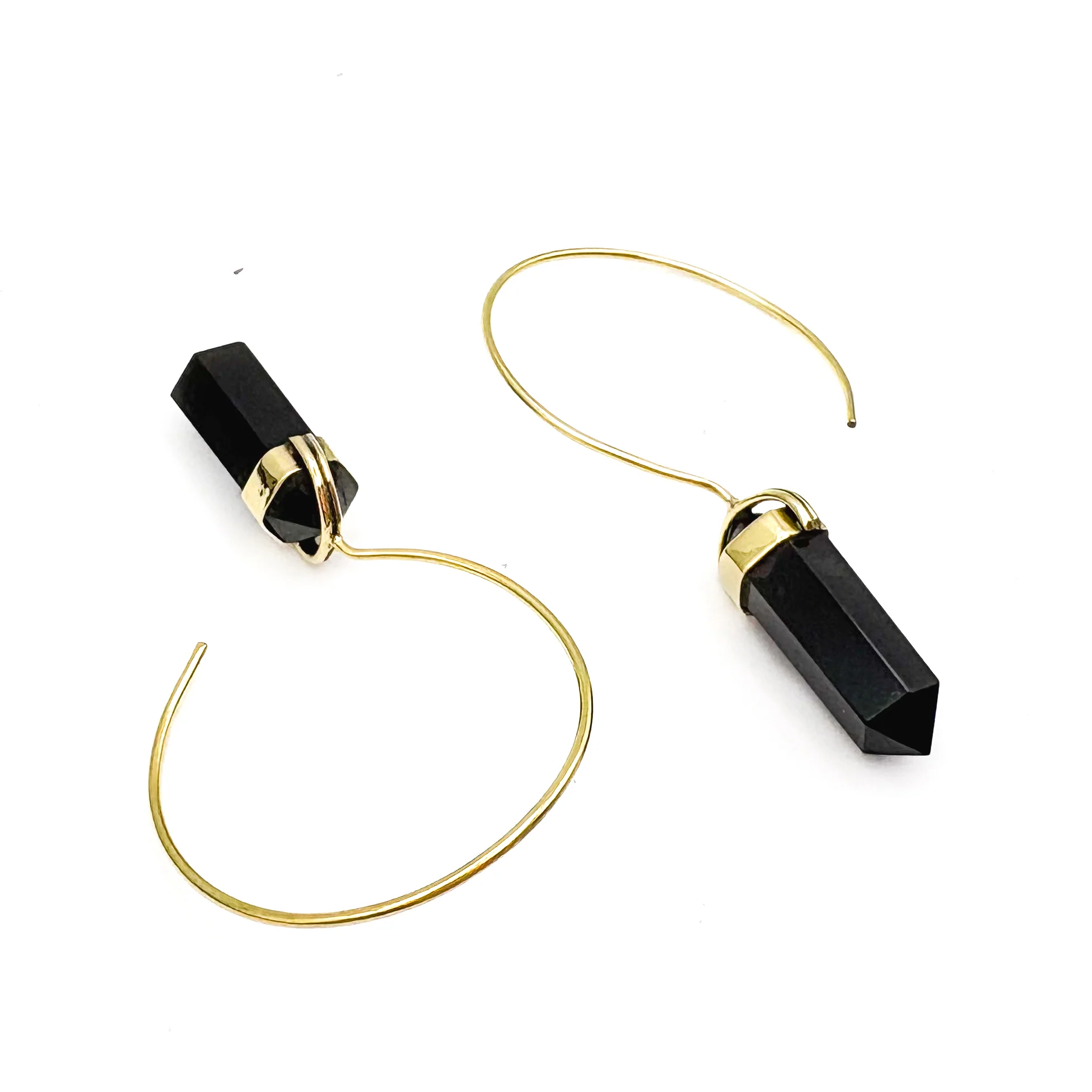 Black Tourmaline Crystal Point Brass Hoop Earrings - Image 5