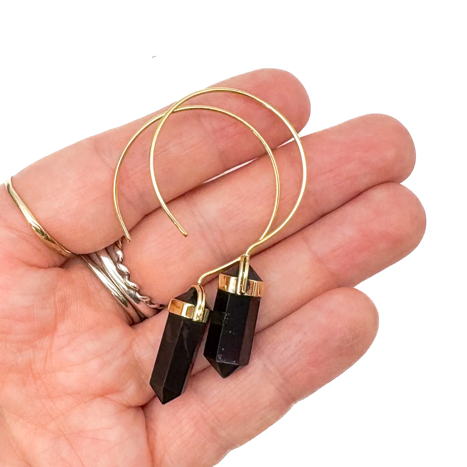 Black Tourmaline Crystal Point Brass Hoop Earrings - Image 6