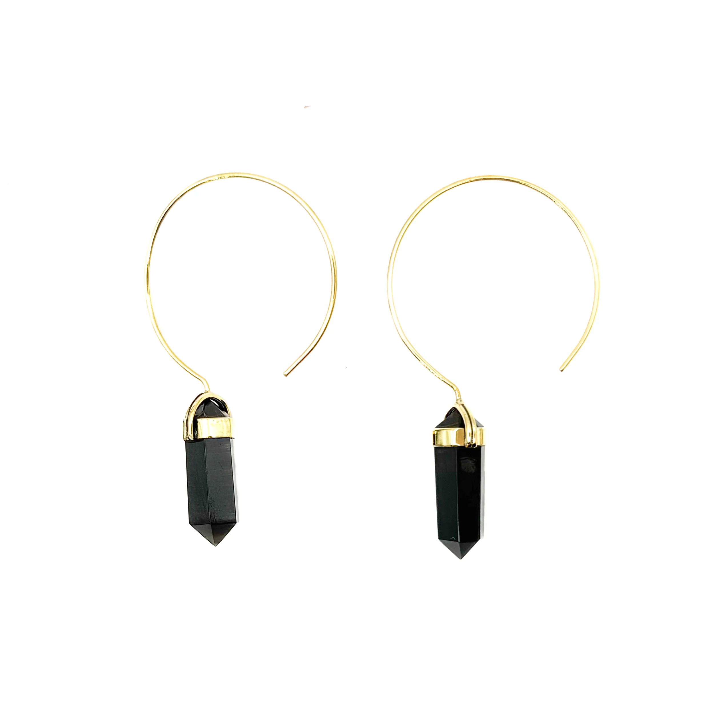 Black Tourmaline Crystal Point Brass Hoop Earrings - Image 7