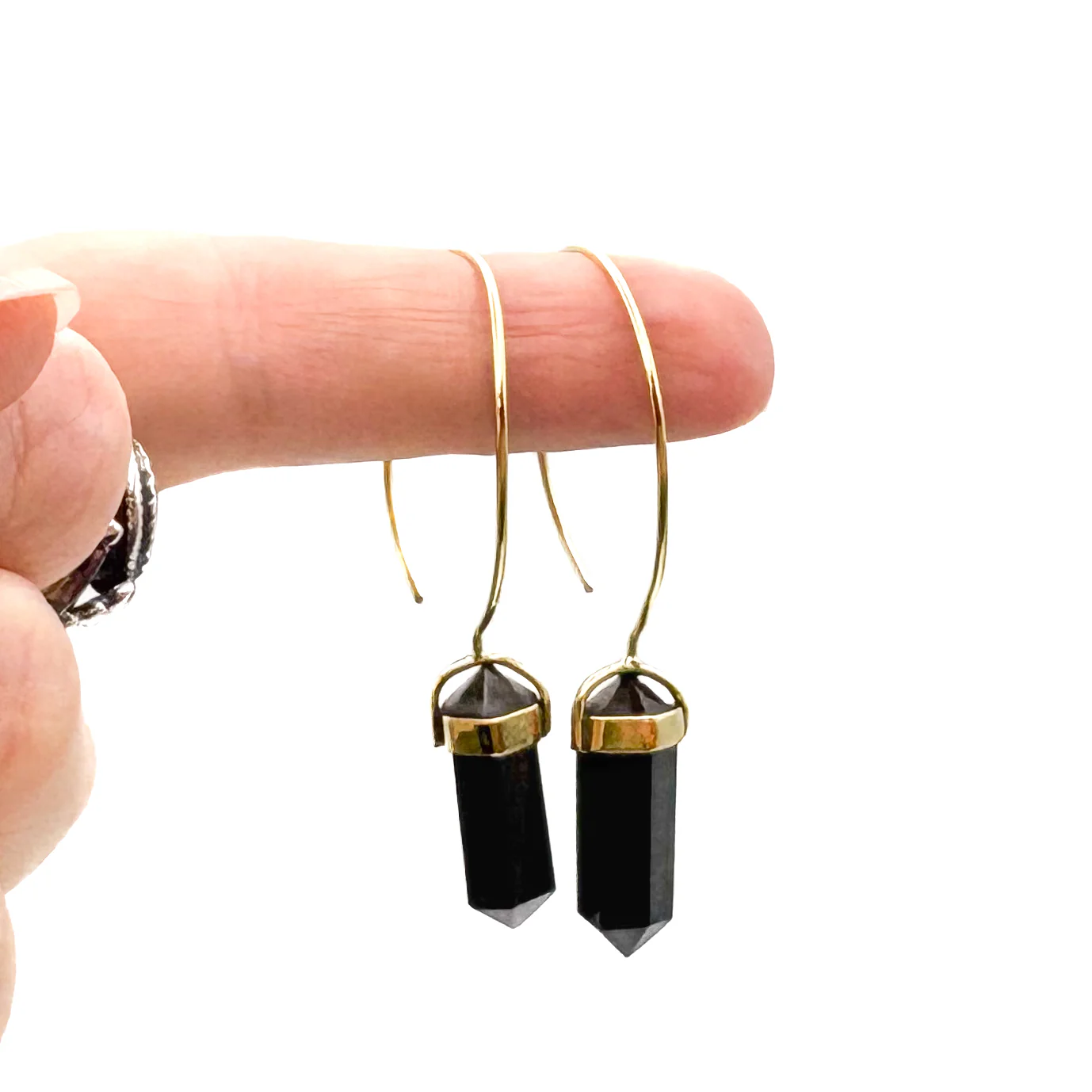 Black Tourmaline Crystal Point Brass Hoop Earrings - Image 8