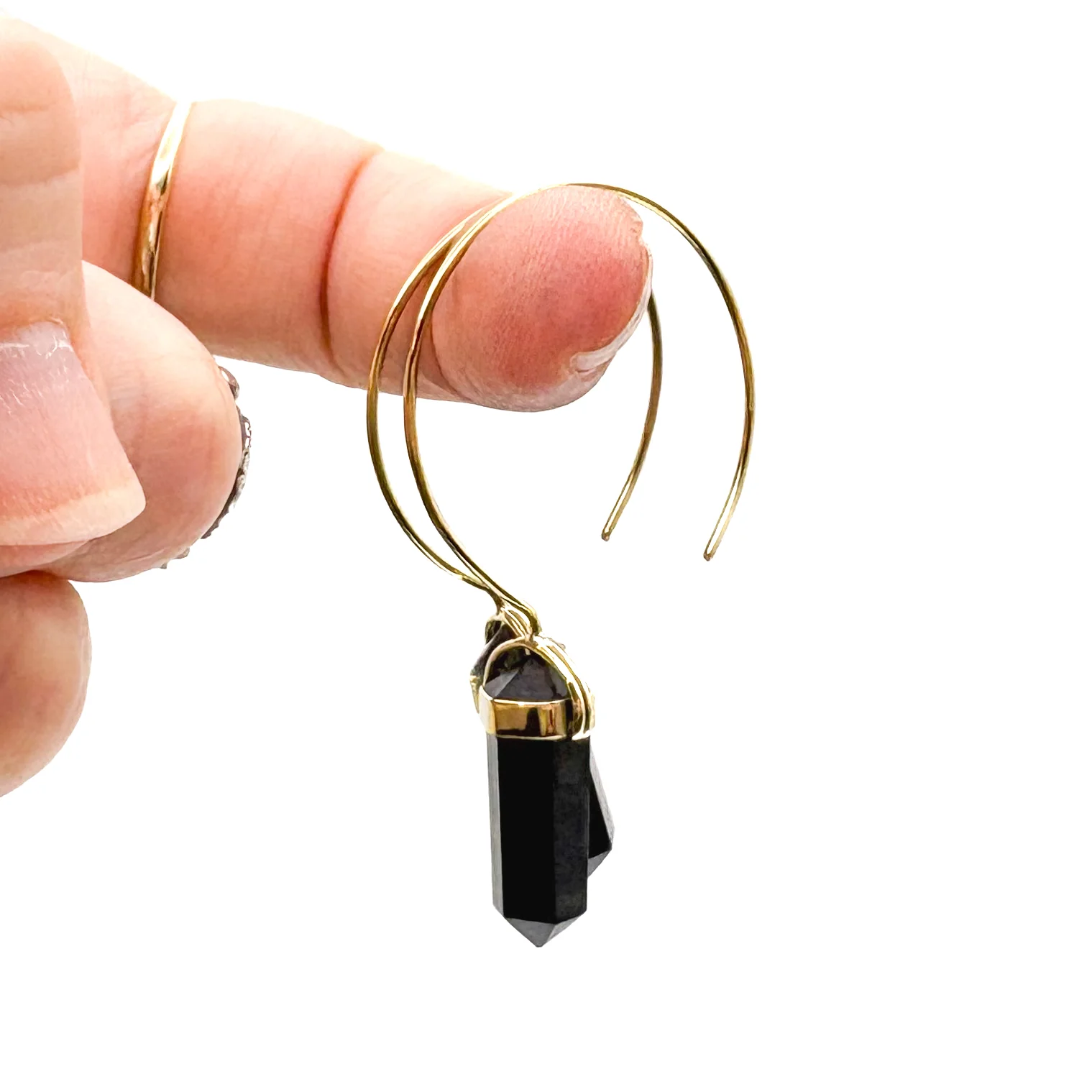 Black Tourmaline Crystal Point Brass Hoop Earrings - Image 9