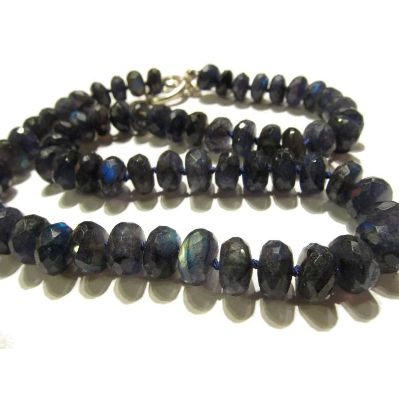 Blue Faceted Labradorite Rondelle Knotted Necklace with Sterling Silver Toggle Clasp - Image 3