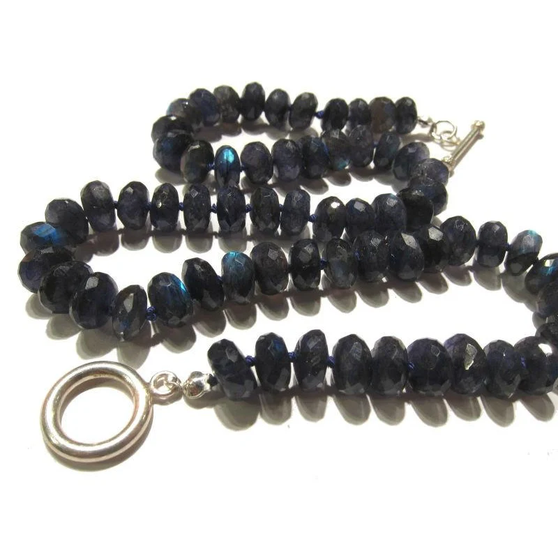 Blue Faceted Labradorite Rondelle Knotted Necklace with Sterling Silver Toggle Clasp - Image 4