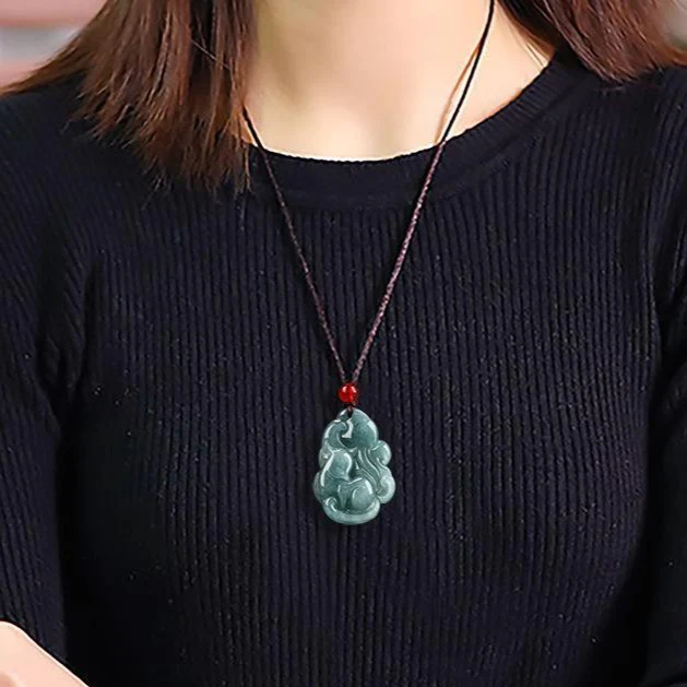 Blue Myanmar Jadeite Fox Pendant Necklace - Image 2