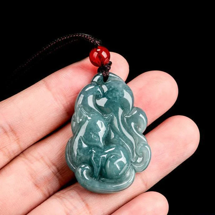 Blue Myanmar Jadeite Fox Pendant Necklace - Image 3